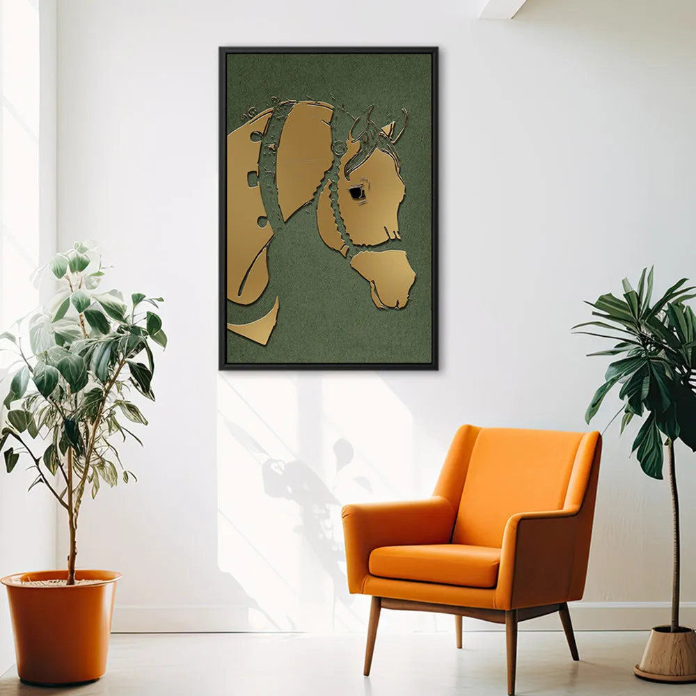 Canvas Wall Art Stretched Over Wooden Frame with Floating Frame and Golden Horse Abstract Painting CV4172