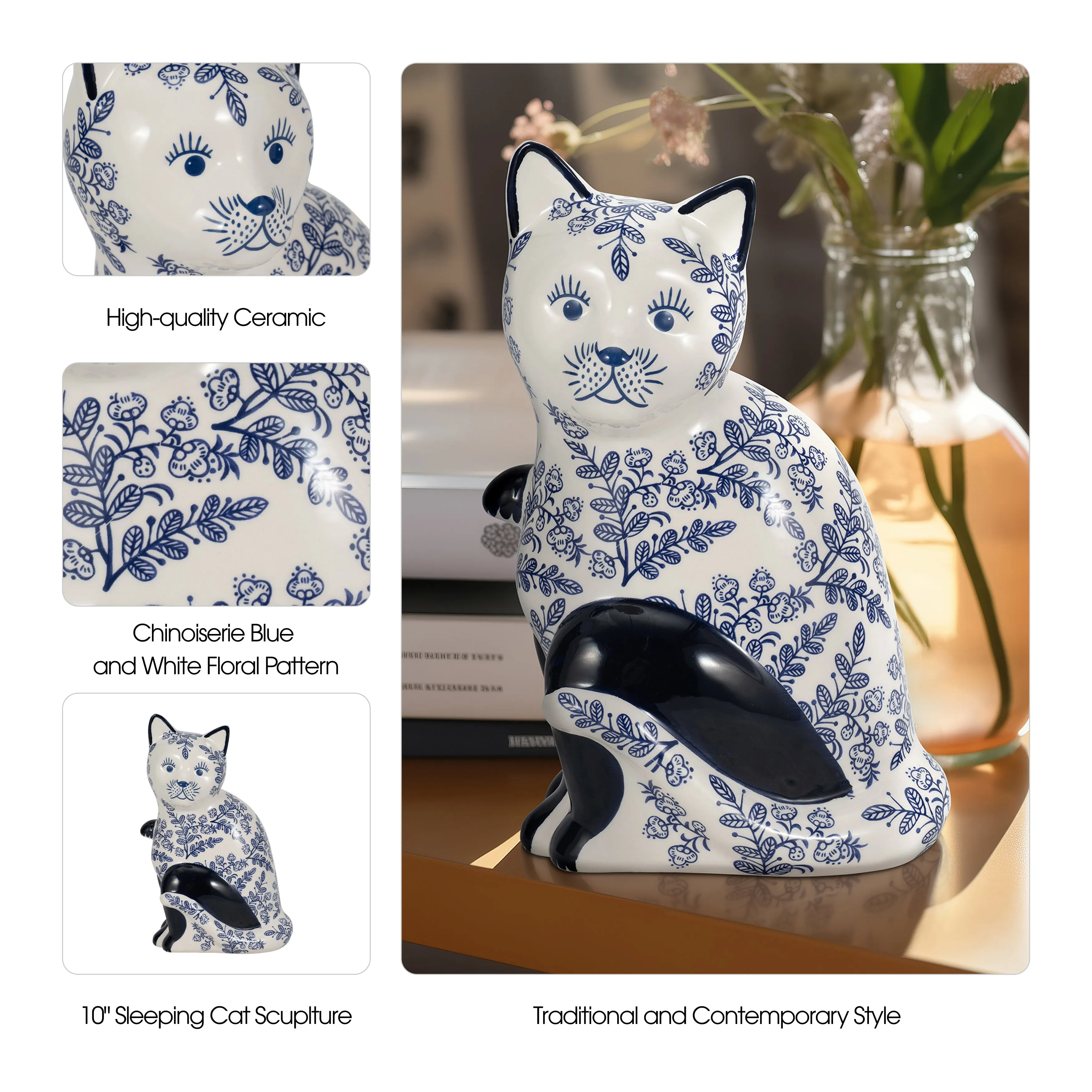 CER, 10" SITTING CHINOISERIE CAT, BLUE/WHITE