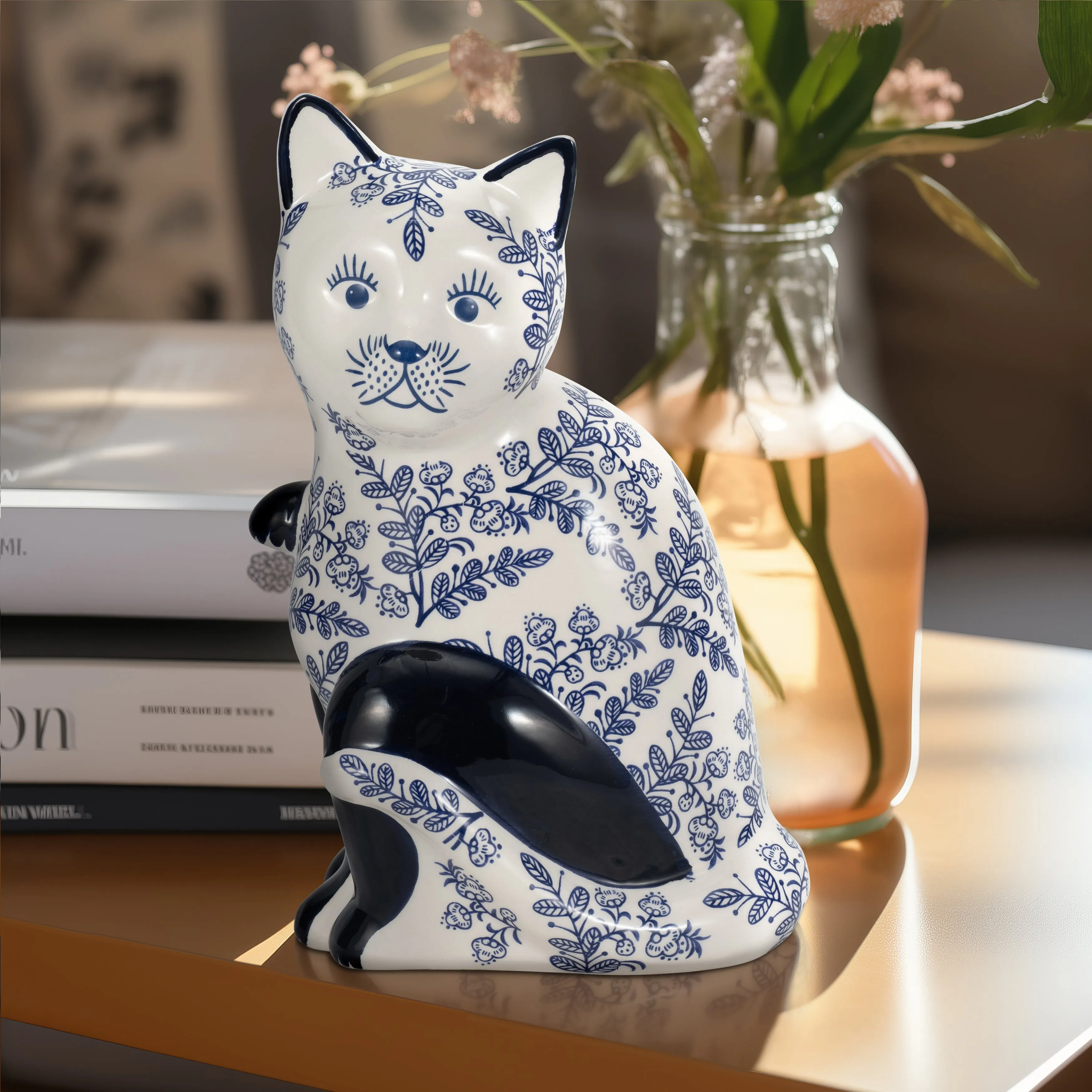 CER, 10" SITTING CHINOISERIE CAT, BLUE/WHITE