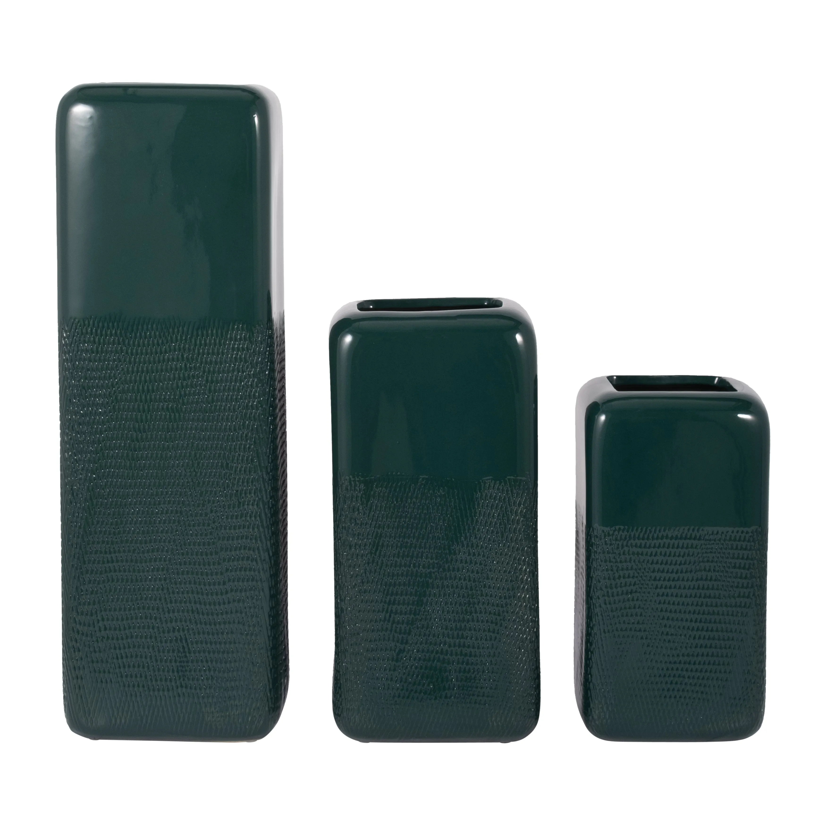 CER, 10" SQUARED GROOVED VASE, FOREST GREEN