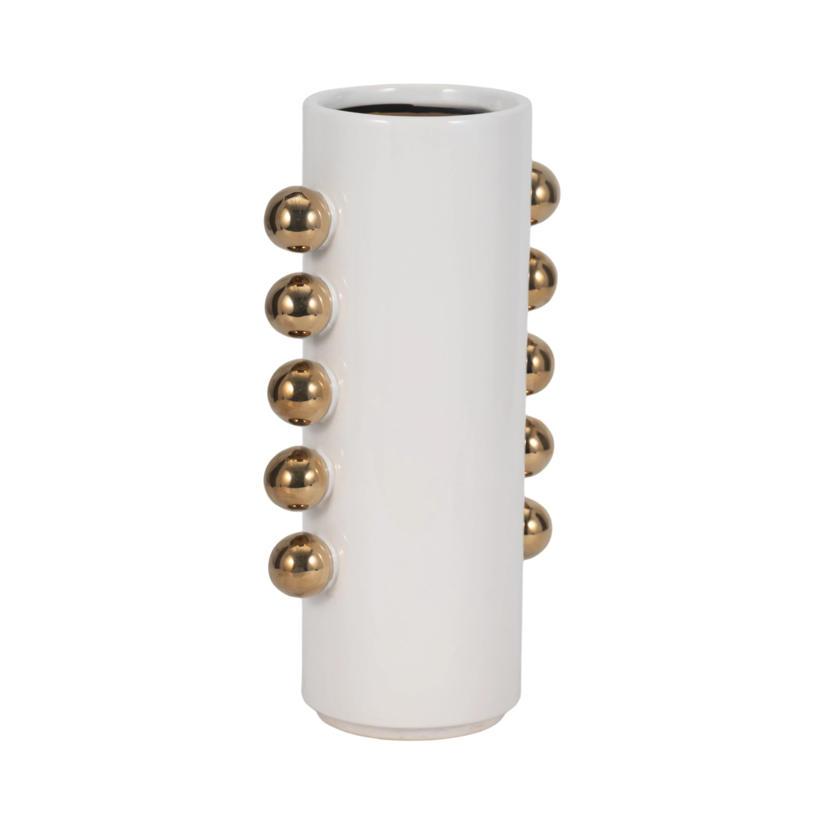 Cer, 13" Vase W/ Side Knobs, White/gold