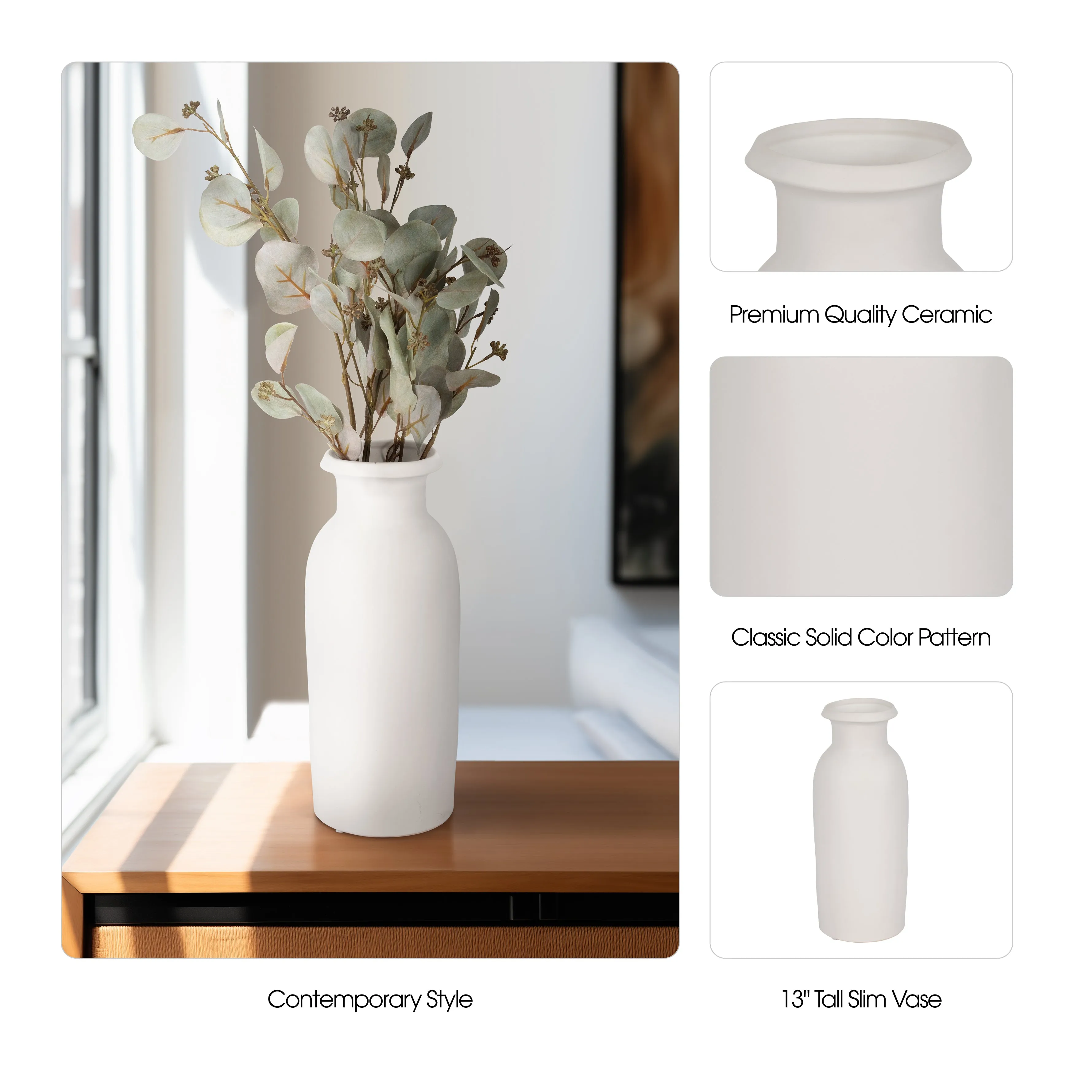 CER, 13"H TALL SLIM VASE, WHITE