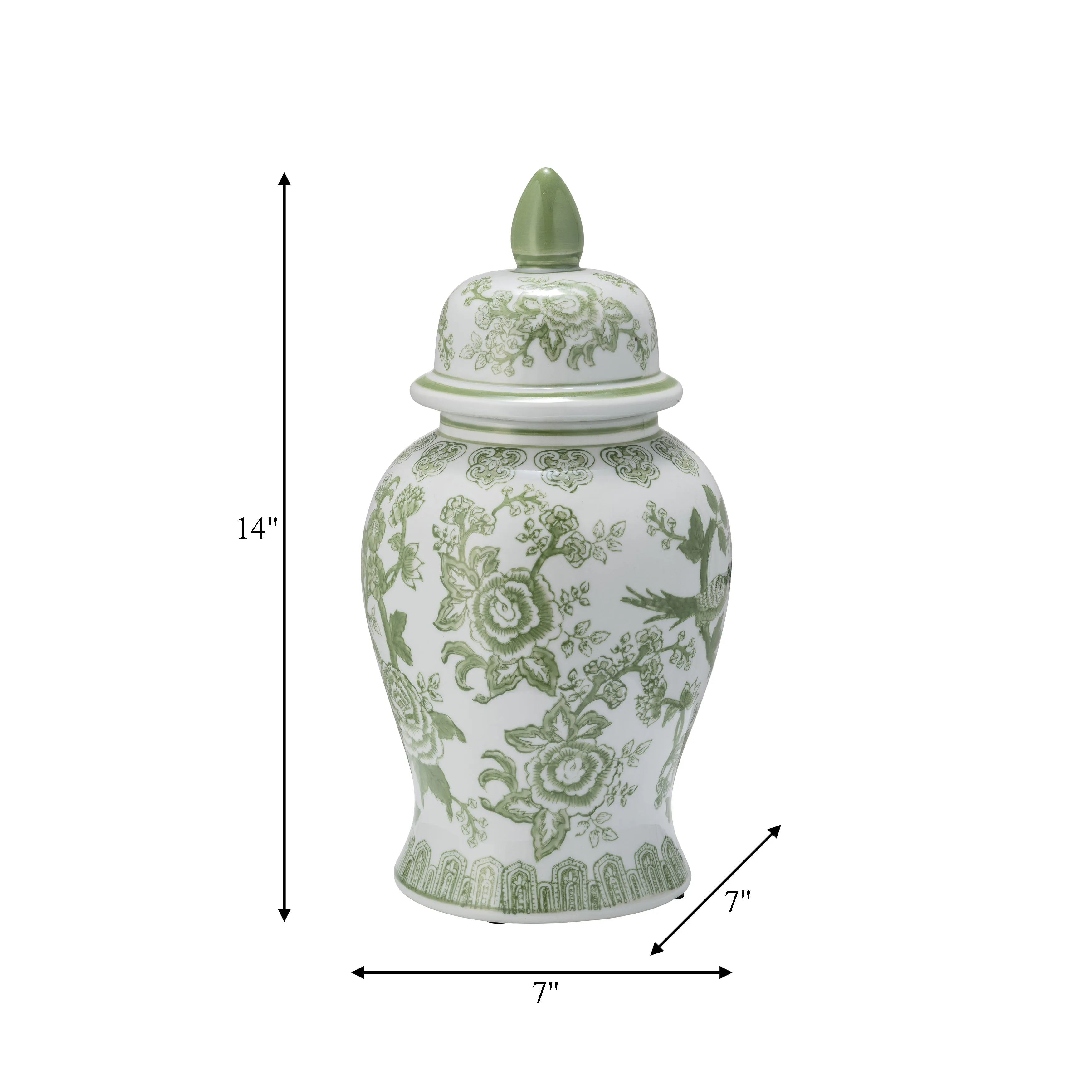 CER, 14" TEMPLE JAR BIRD/FLOWER, GREEN