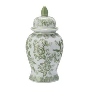 CER, 14" TEMPLE JAR BIRD/FLOWER, GREEN