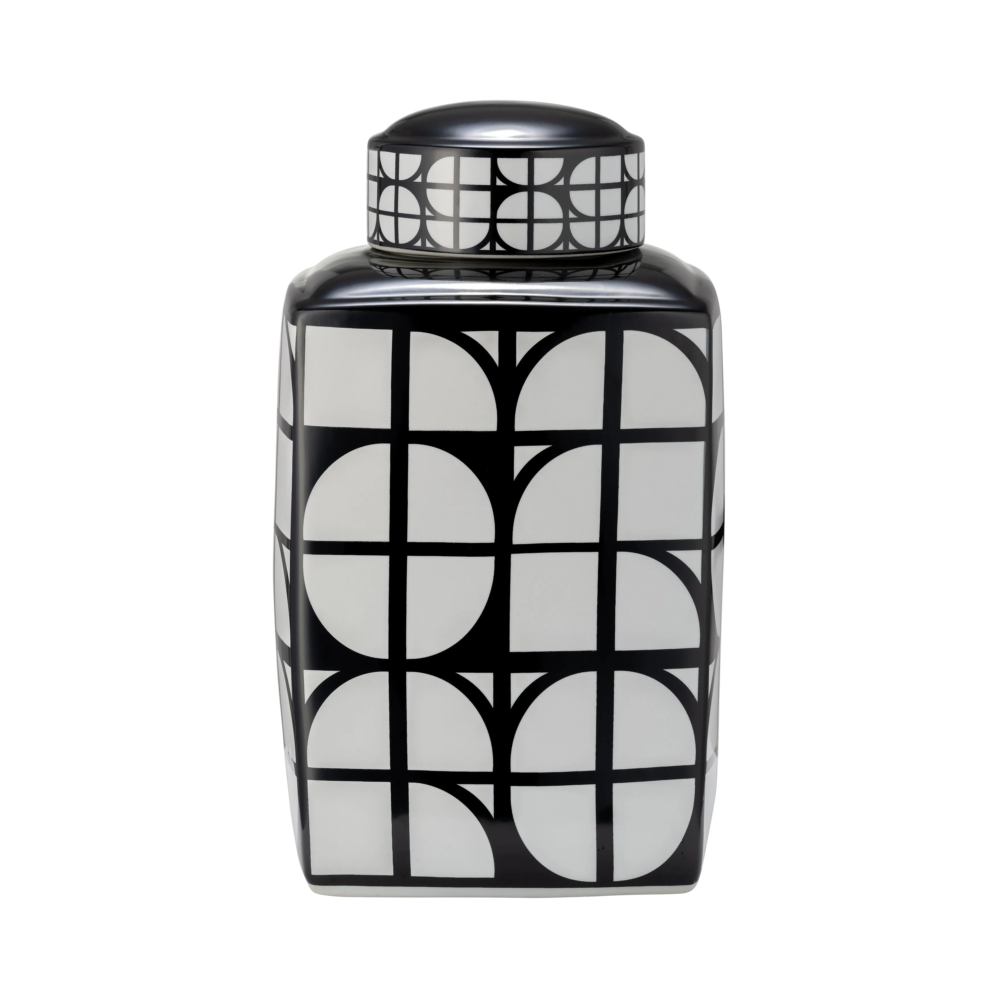 CER, 16"H SQUARE JAR W/ LID, BLACK/WHITE