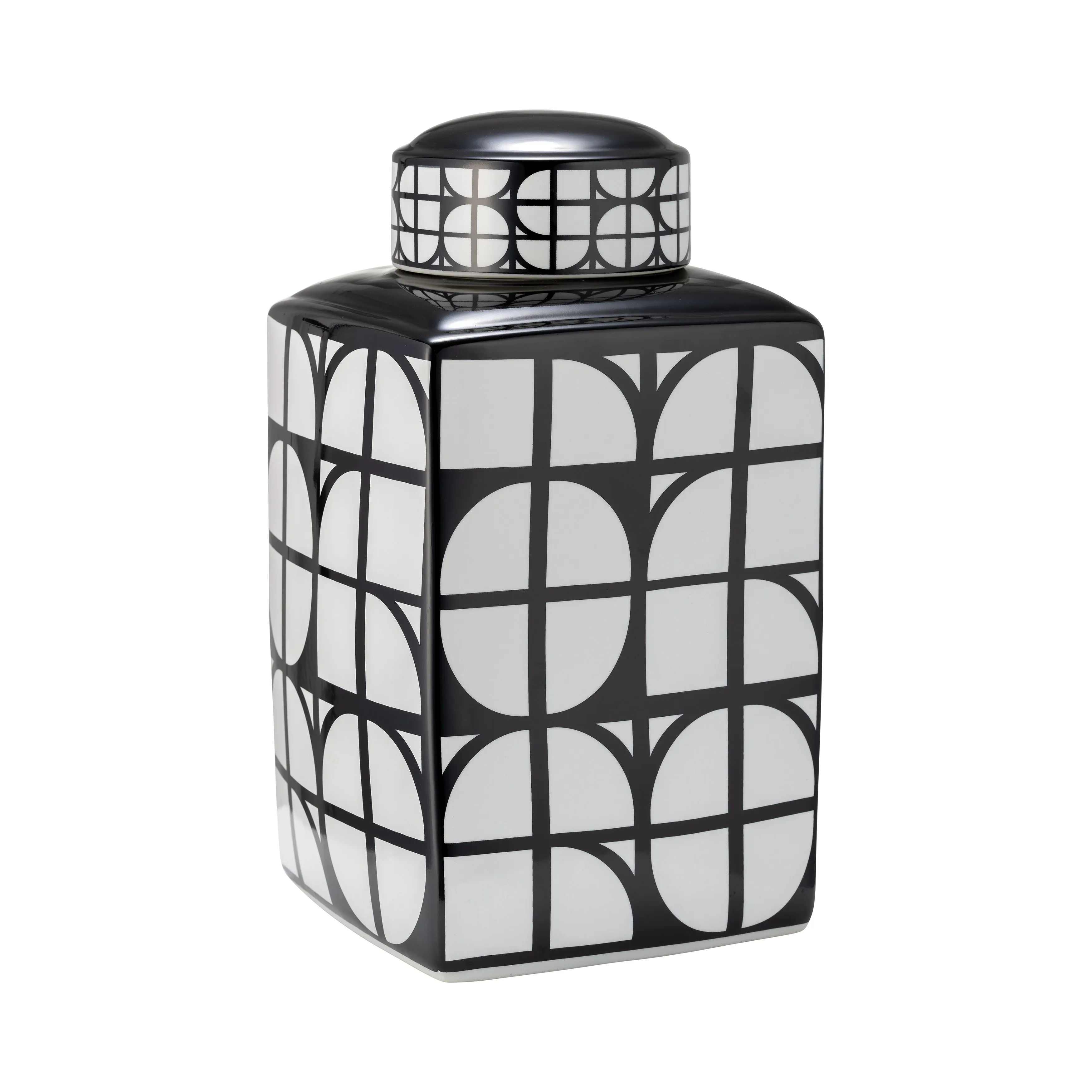 CER, 16"H SQUARE JAR W/ LID, BLACK/WHITE
