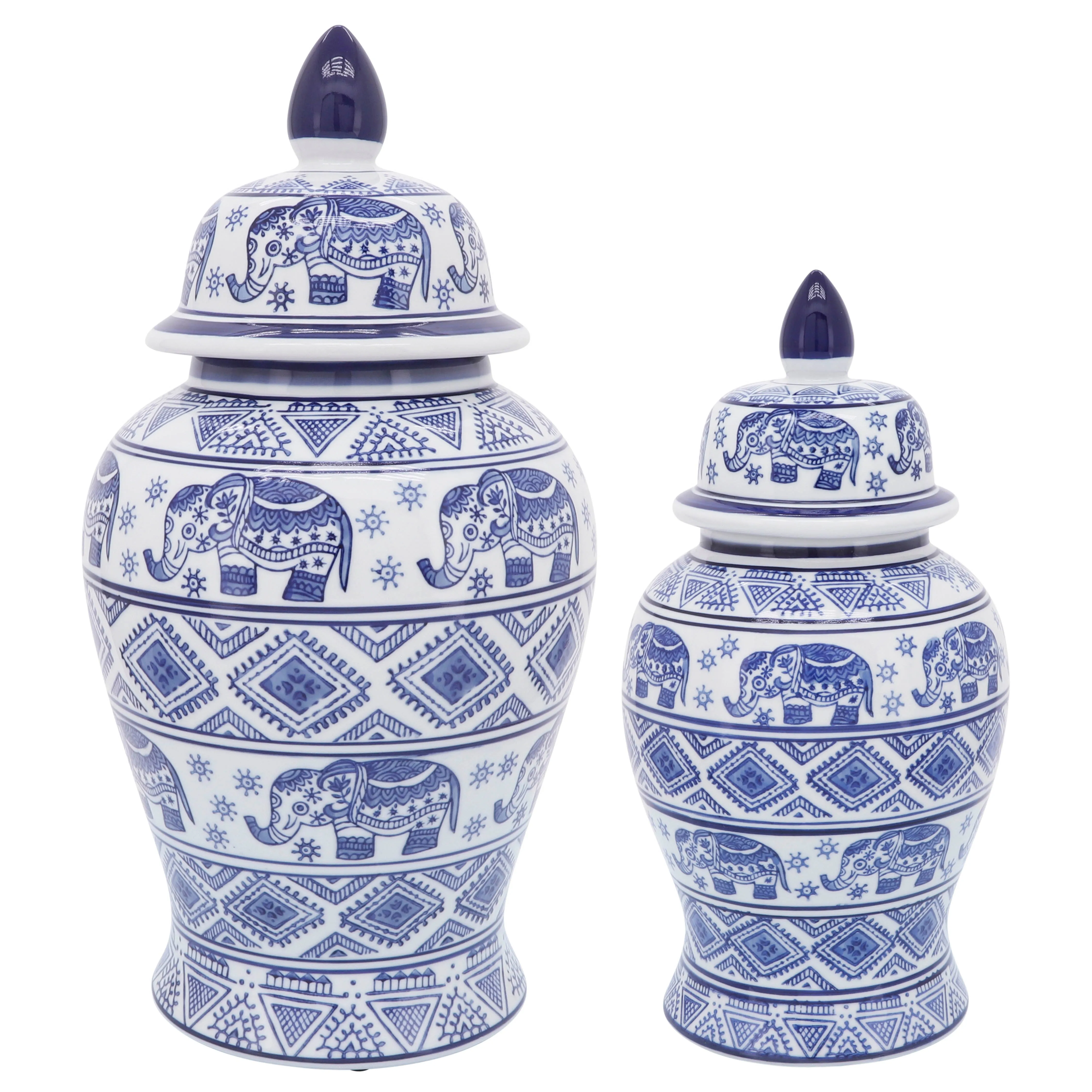 CER, 18"H ELEPHANT TEMPLE JAR, WHT/BLU