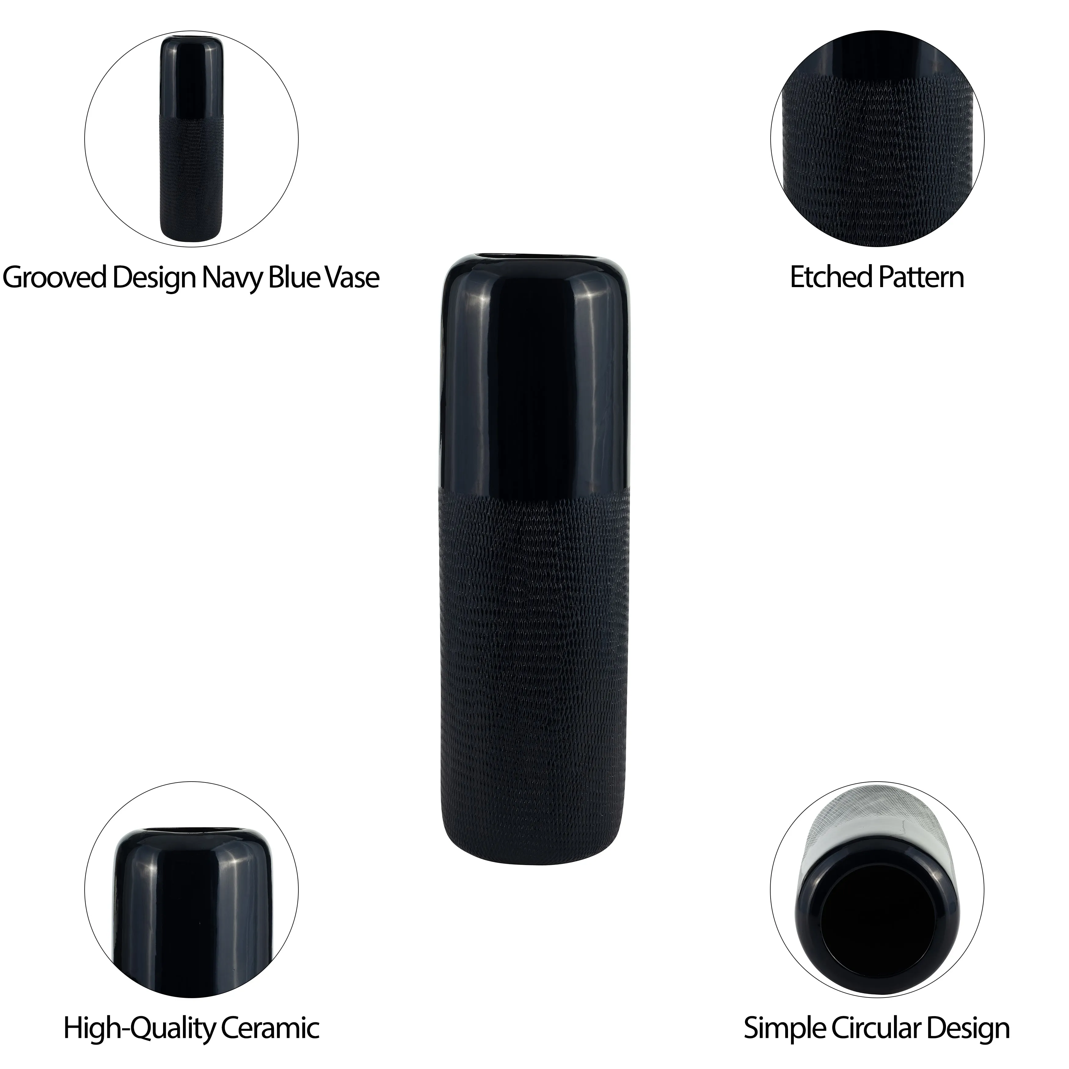 CER, 18"H GROOVED VASE, NAVY BLUE