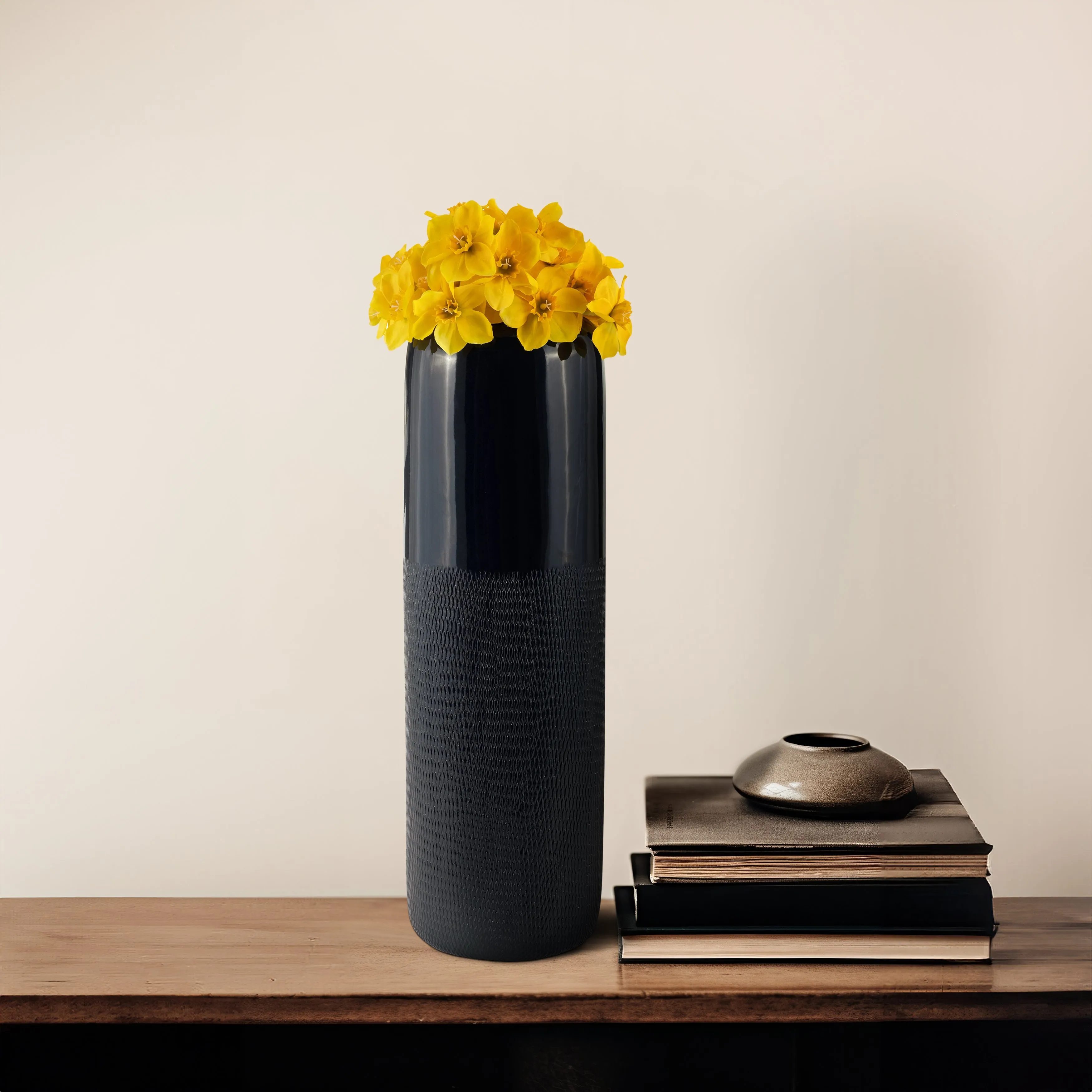 CER, 18"H GROOVED VASE, NAVY BLUE