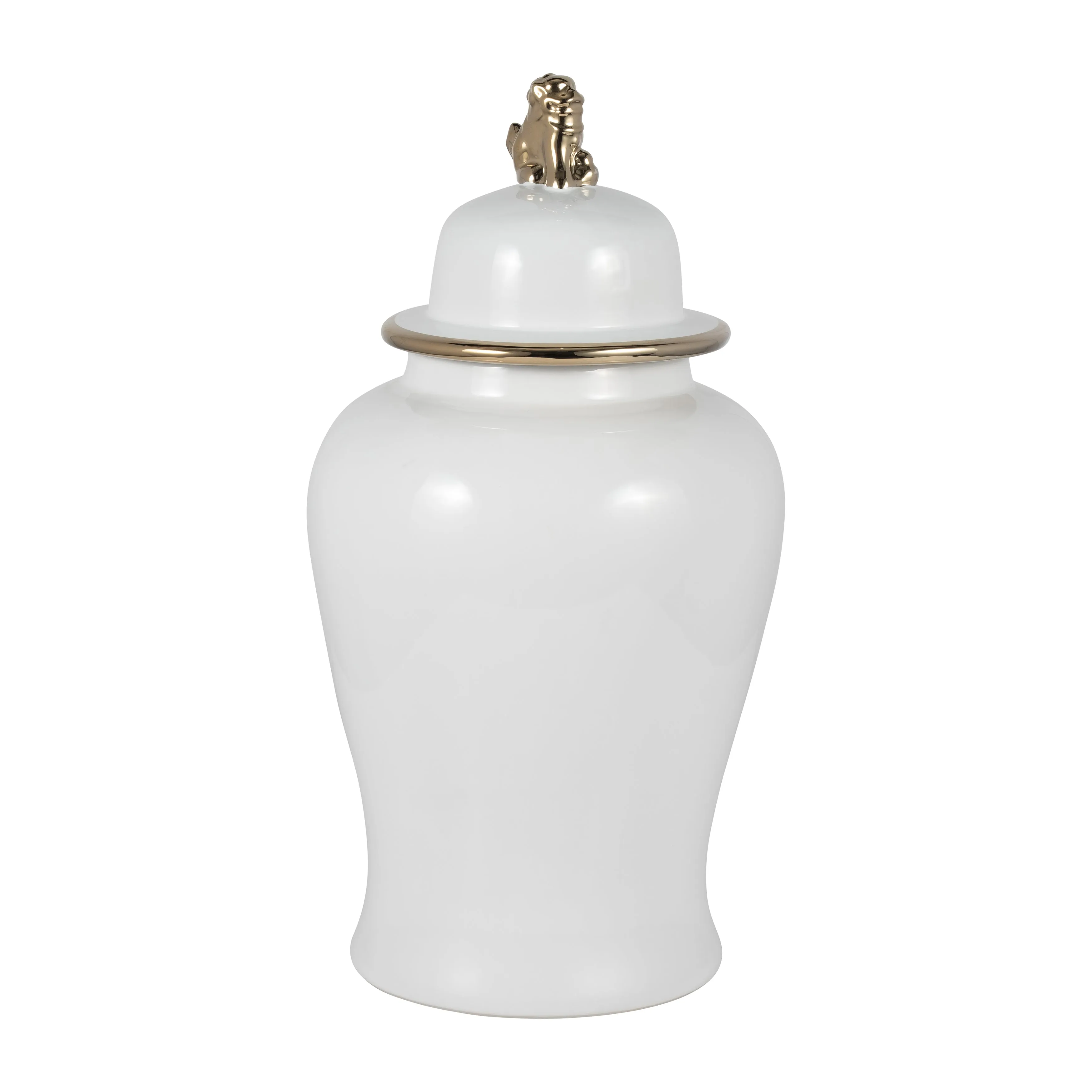 CER, 24" LION HEAD TEMPLE JAR, WHITE/GOLD