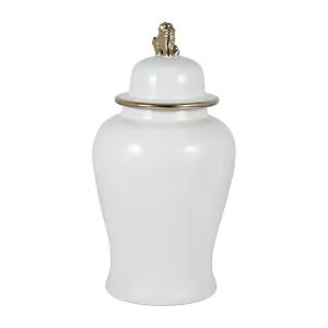 CER, 24" LION HEAD TEMPLE JAR, WHITE/GOLD
