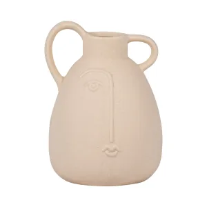 Cer, 8" Face Vase W/ Handles, Ivory