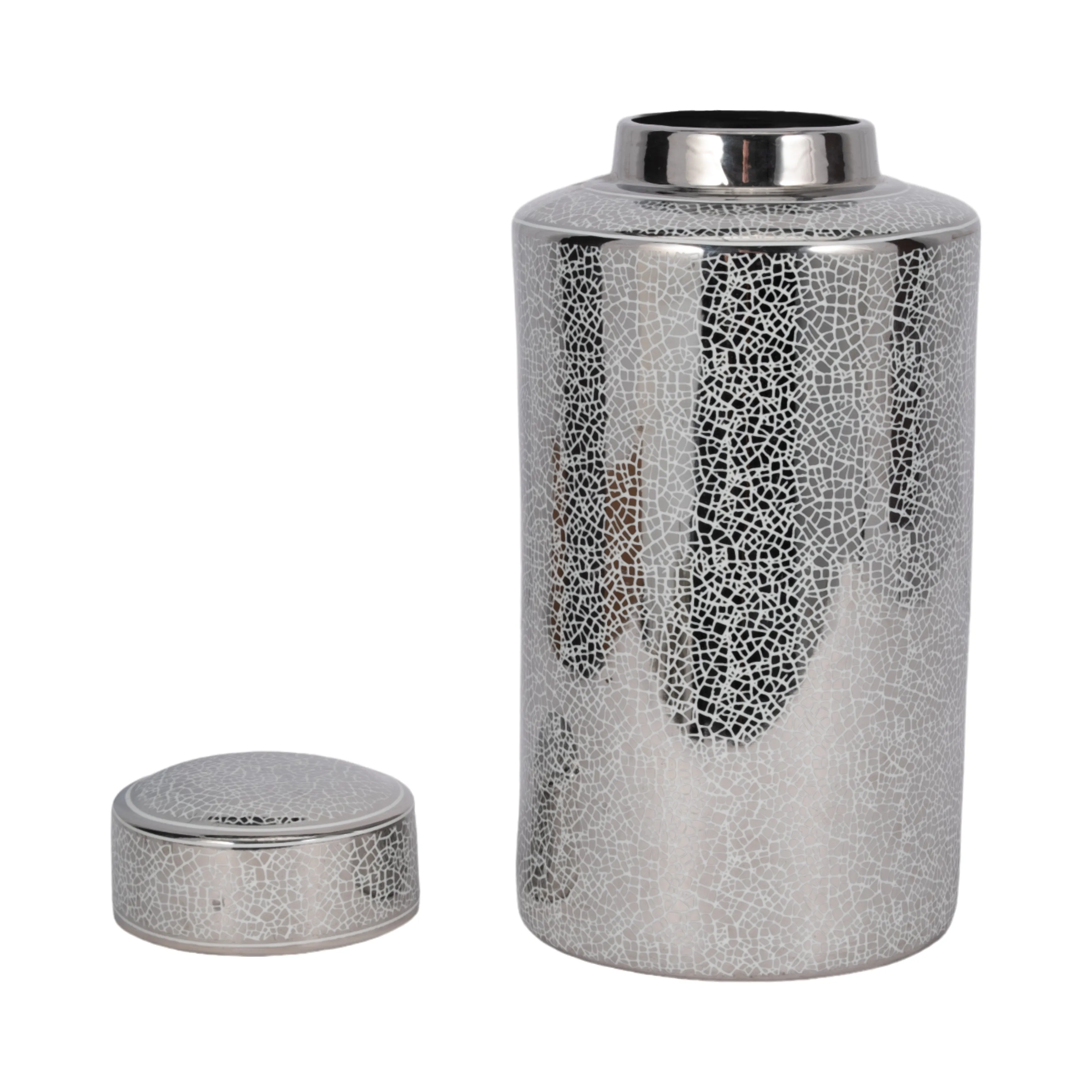 CERAMIC 16" JAR, CRACKLE SILVER