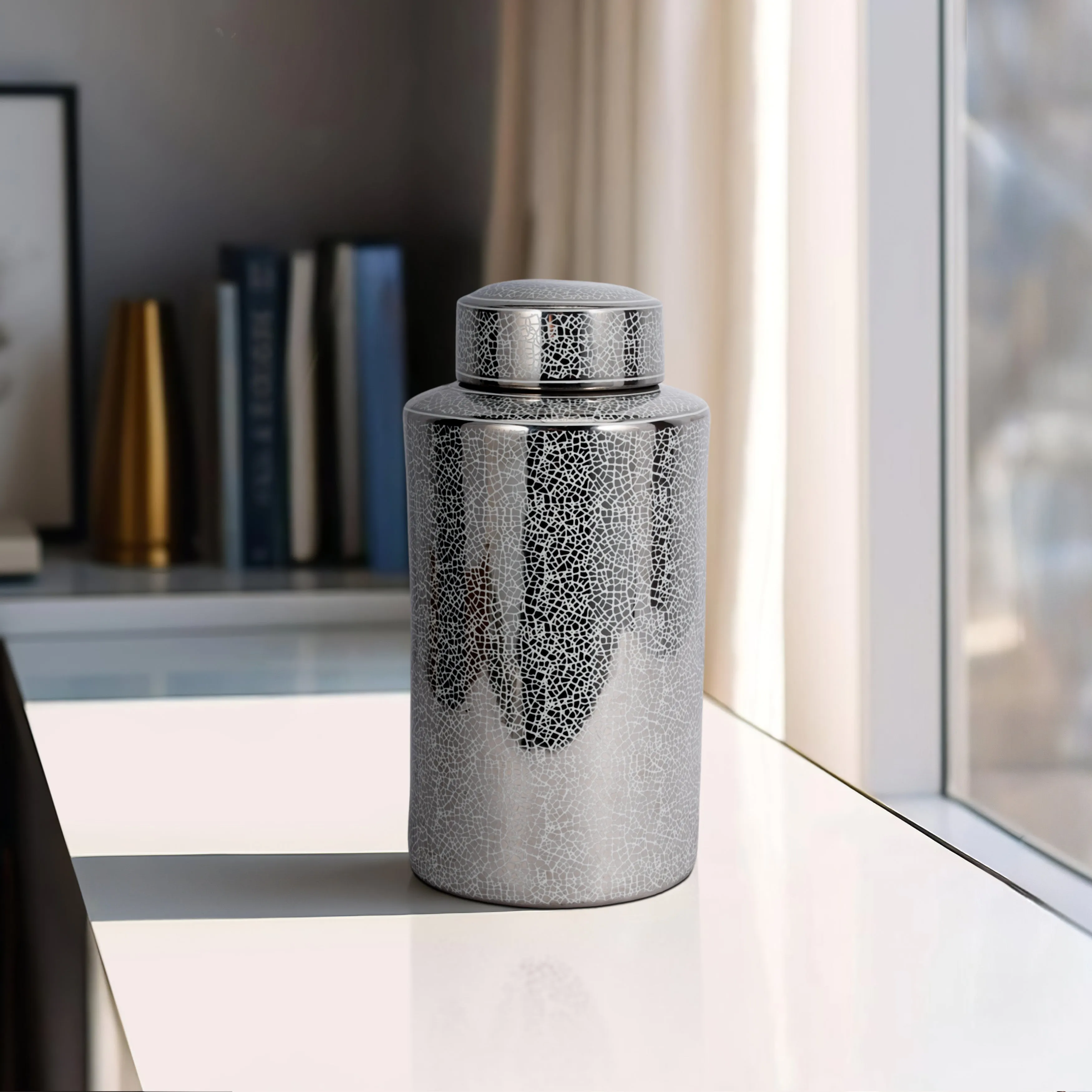 CERAMIC 16" JAR, CRACKLE SILVER