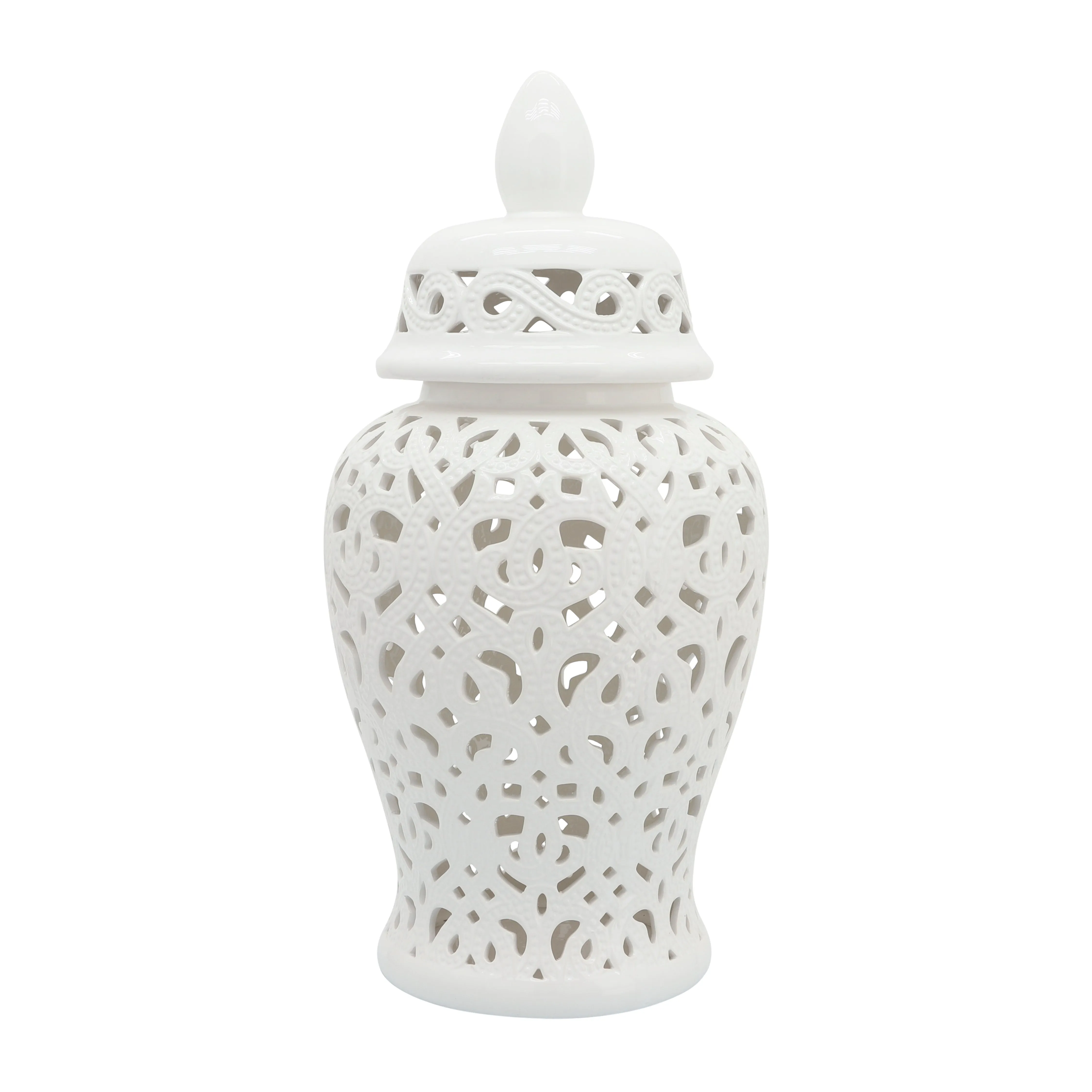 CERAMIC 24" CUT-OUT TEMPLE JAR, WHITE