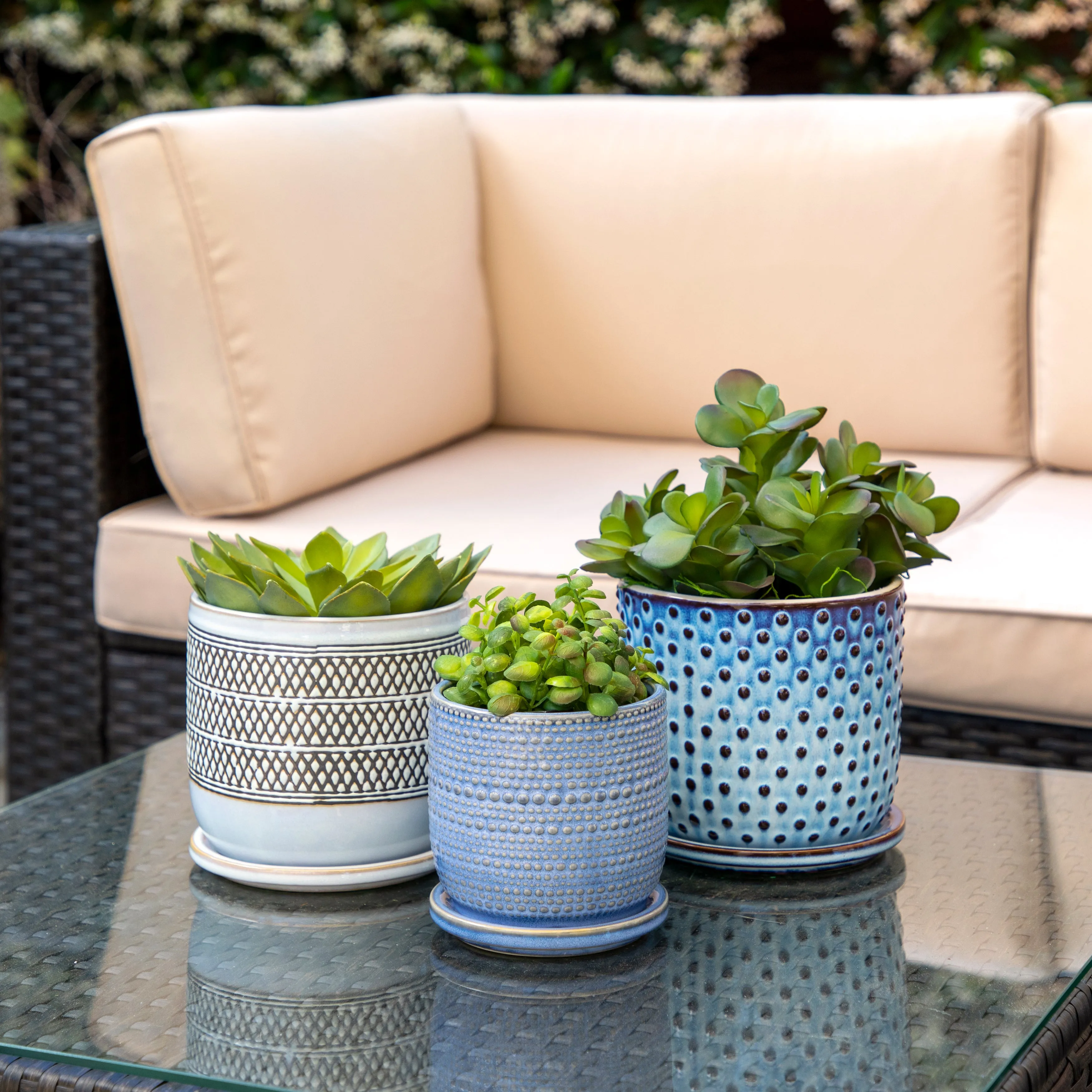 CERAMIC 6" DOTTED PLANTER W/ SAUCER, BLUE