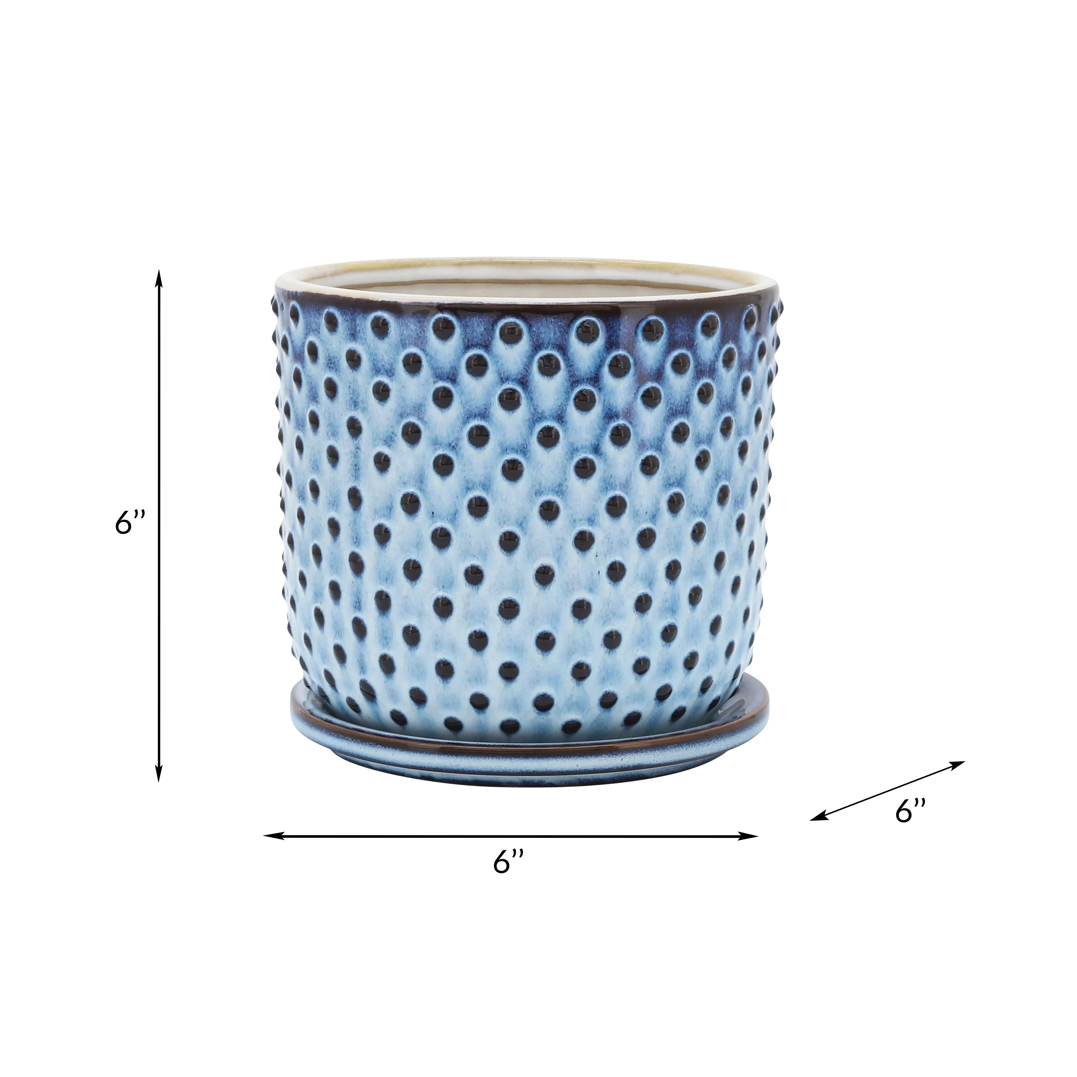 CERAMIC 6" DOTTED PLANTER W/ SAUCER, BLUE