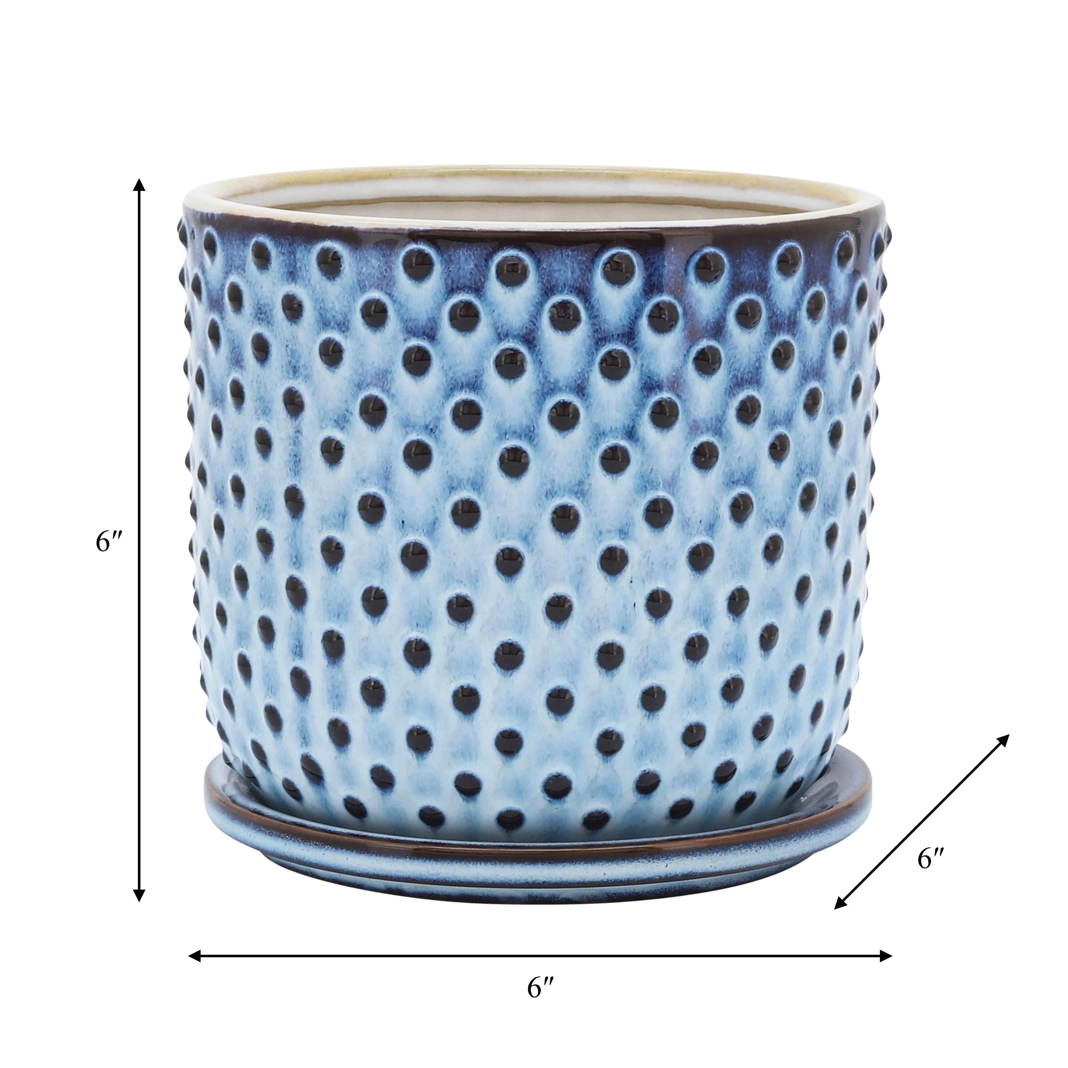 CERAMIC 6" DOTTED PLANTER W/ SAUCER, BLUE