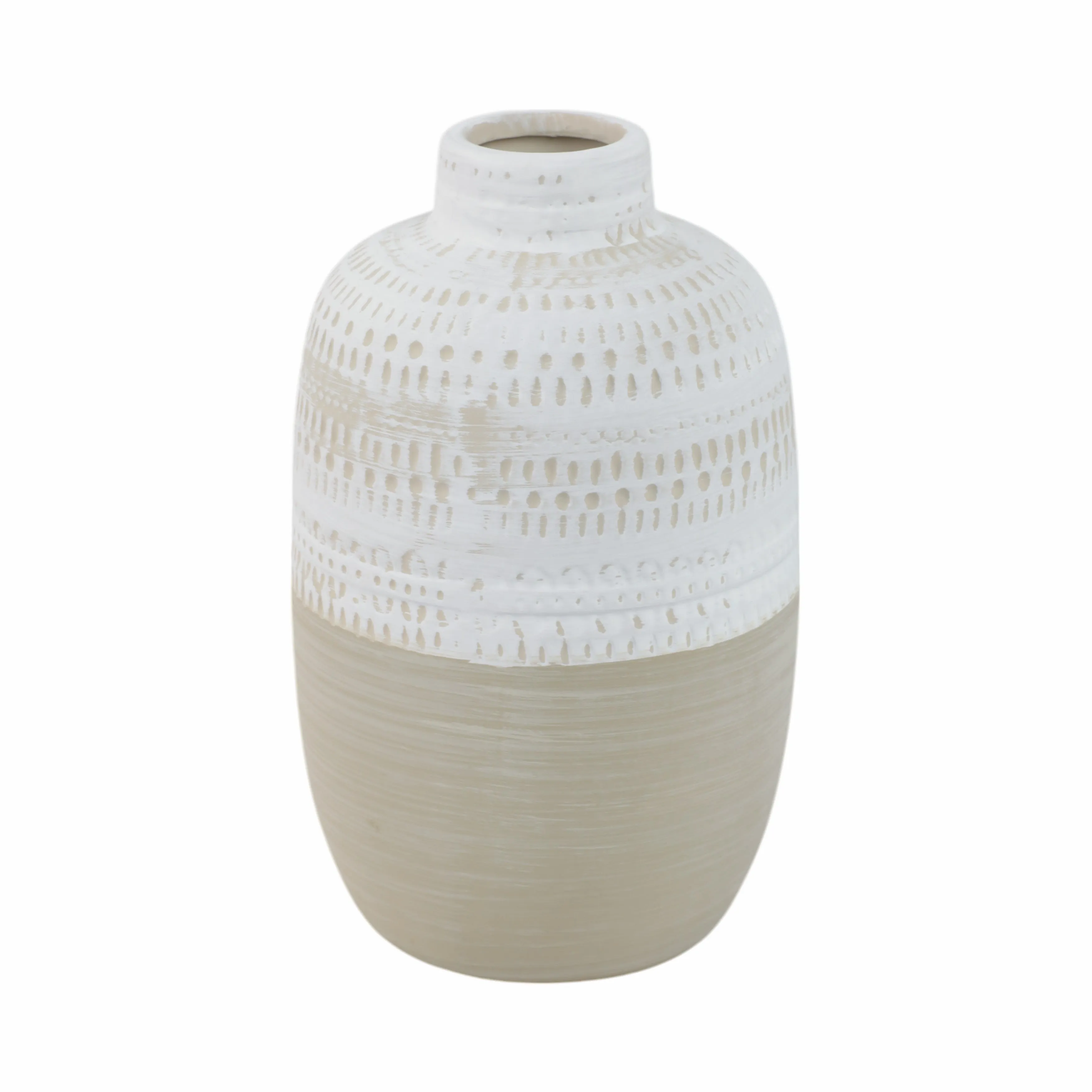CERAMIC 7.75" TRIBAL VASE, BEIGE
