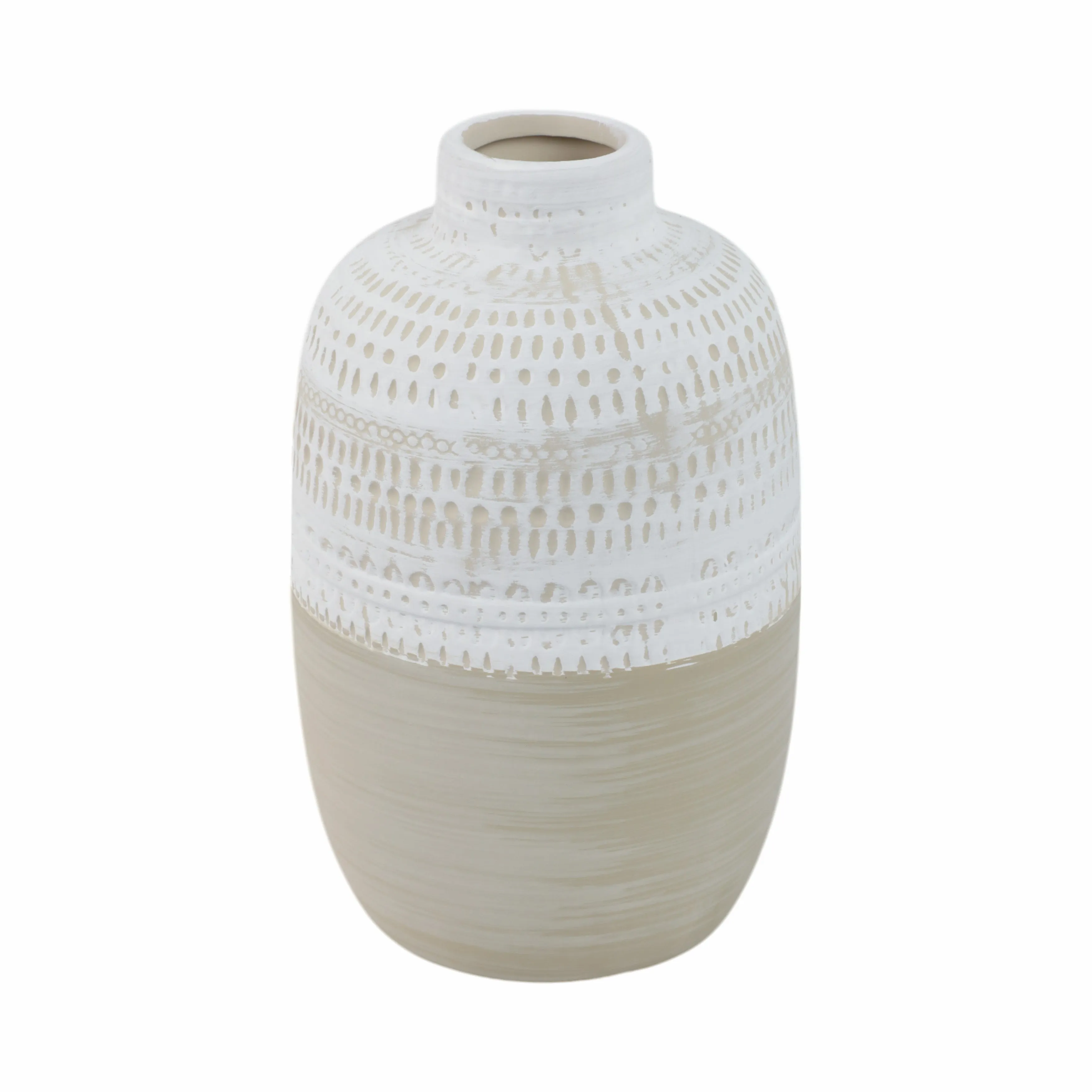 CERAMIC 7.75" TRIBAL VASE, BEIGE