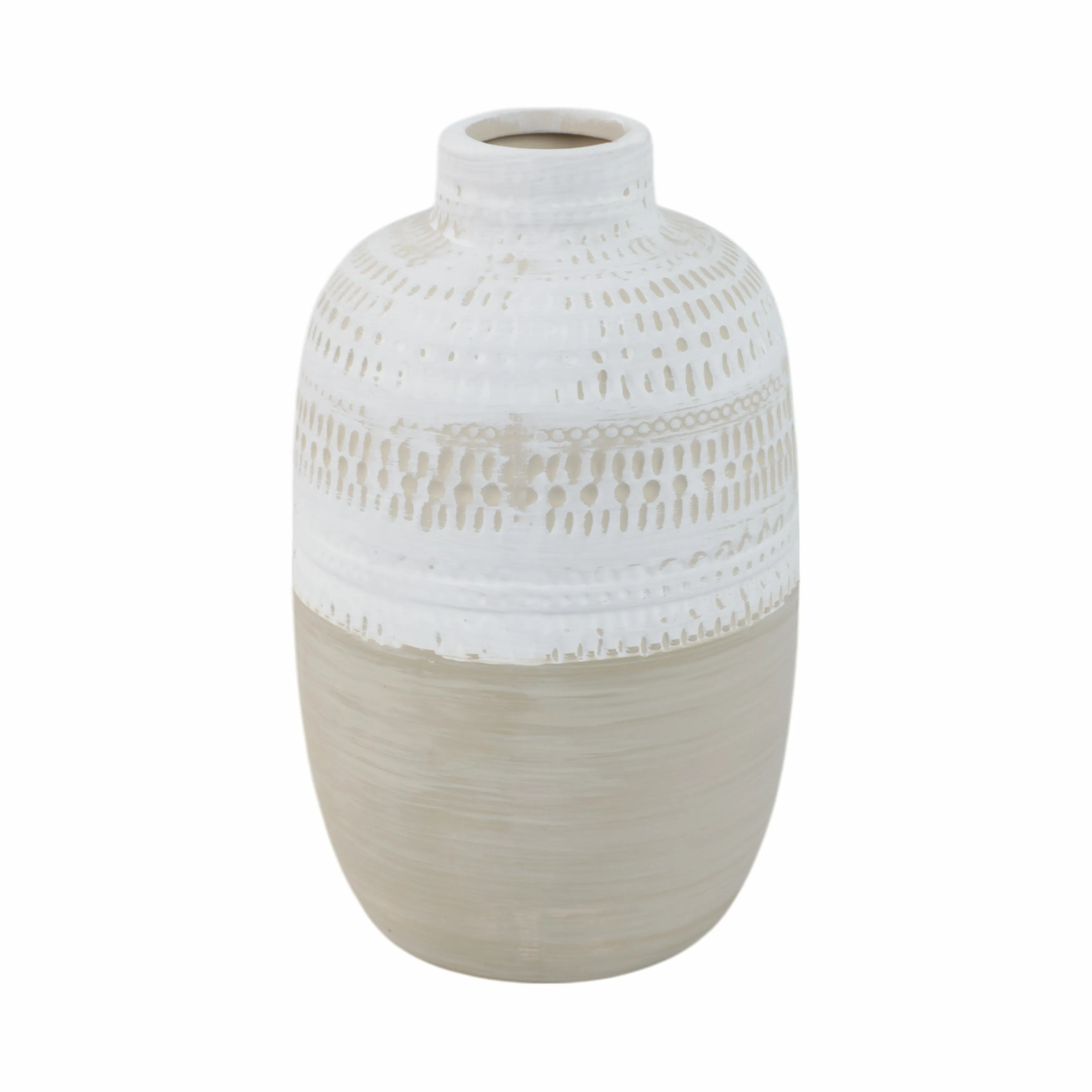 CERAMIC 7.75" TRIBAL VASE, BEIGE