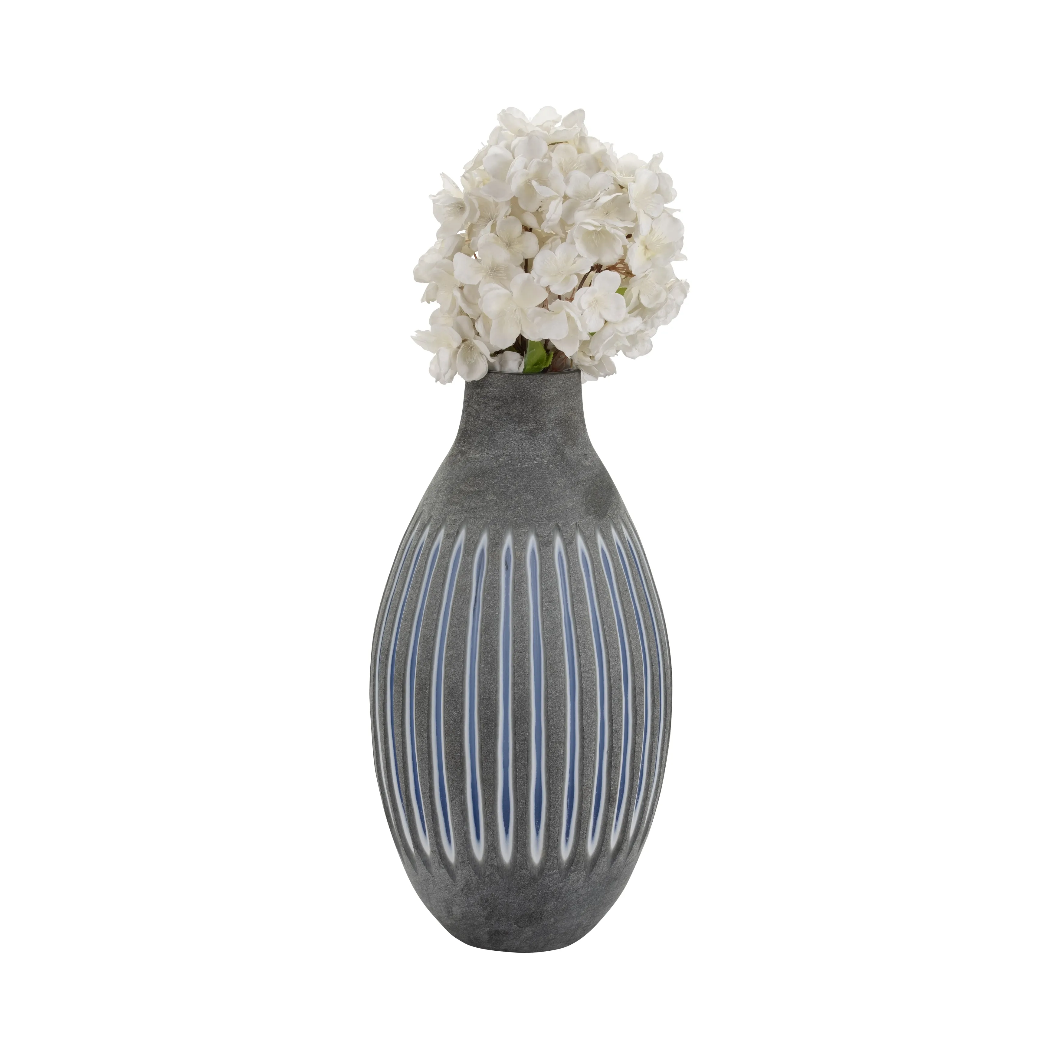 GLASS, 17" RIDGED VASE, BLUE/GRAY
