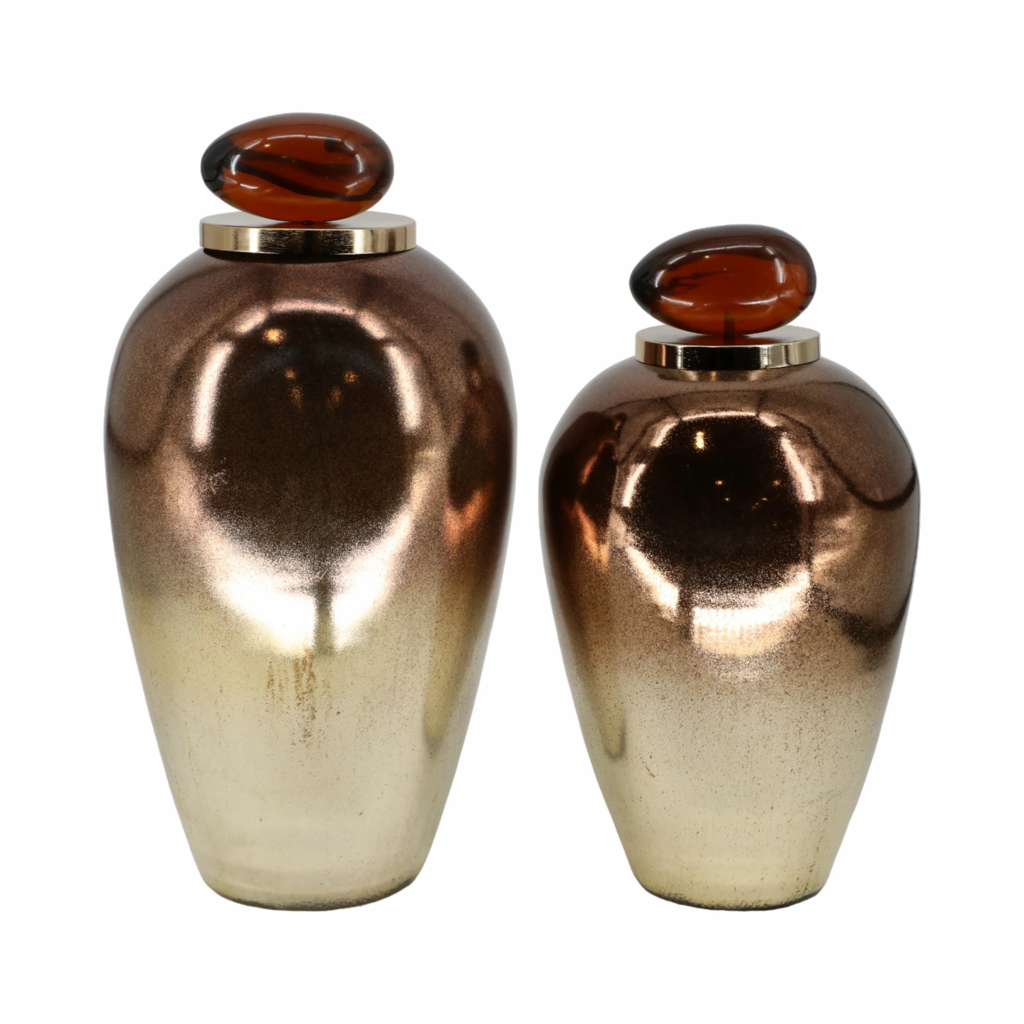 GLASS, 17" TEMPLE VASE W/ RESIN TOPPER, COPPER