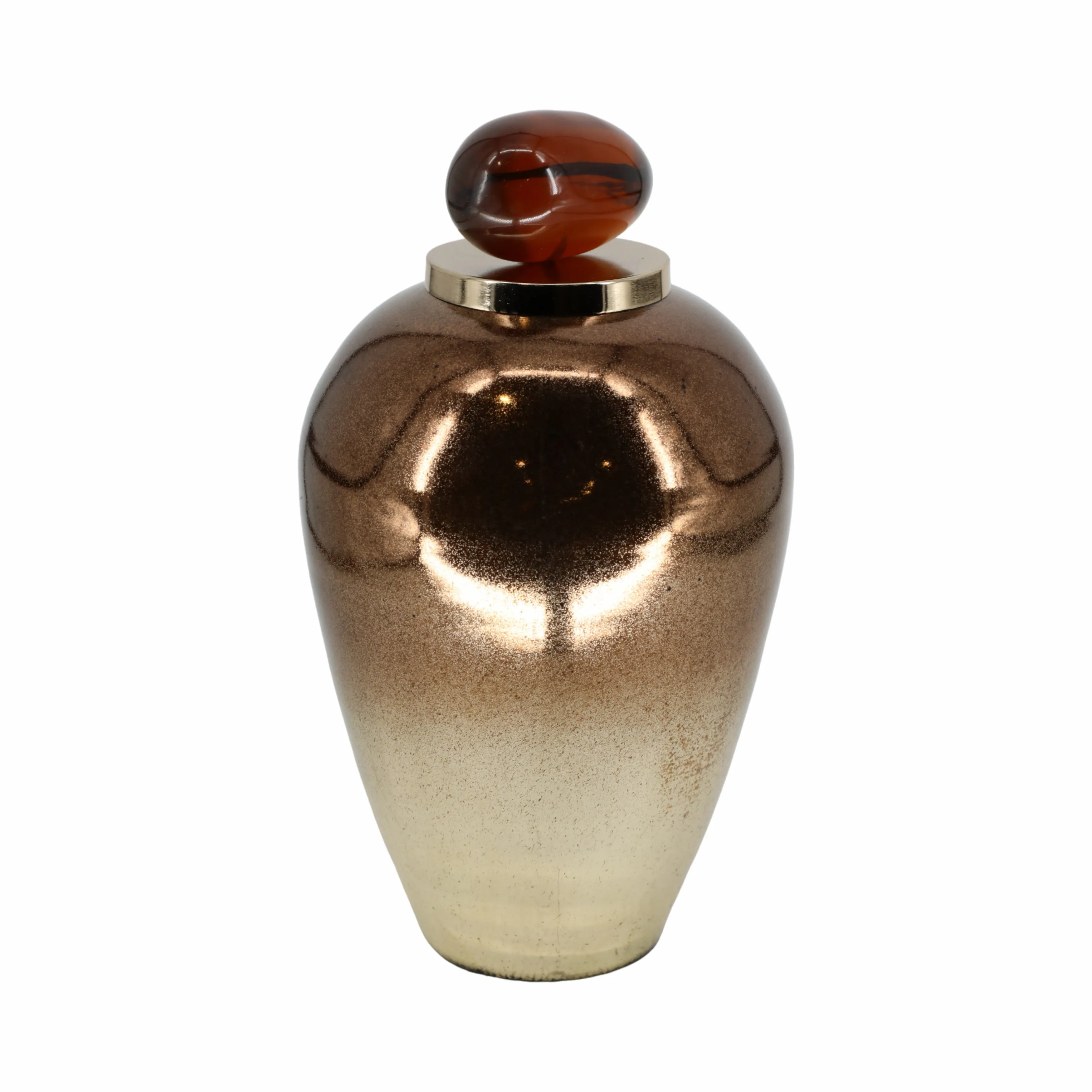 GLASS, 17" TEMPLE VASE W/ RESIN TOPPER, COPPER