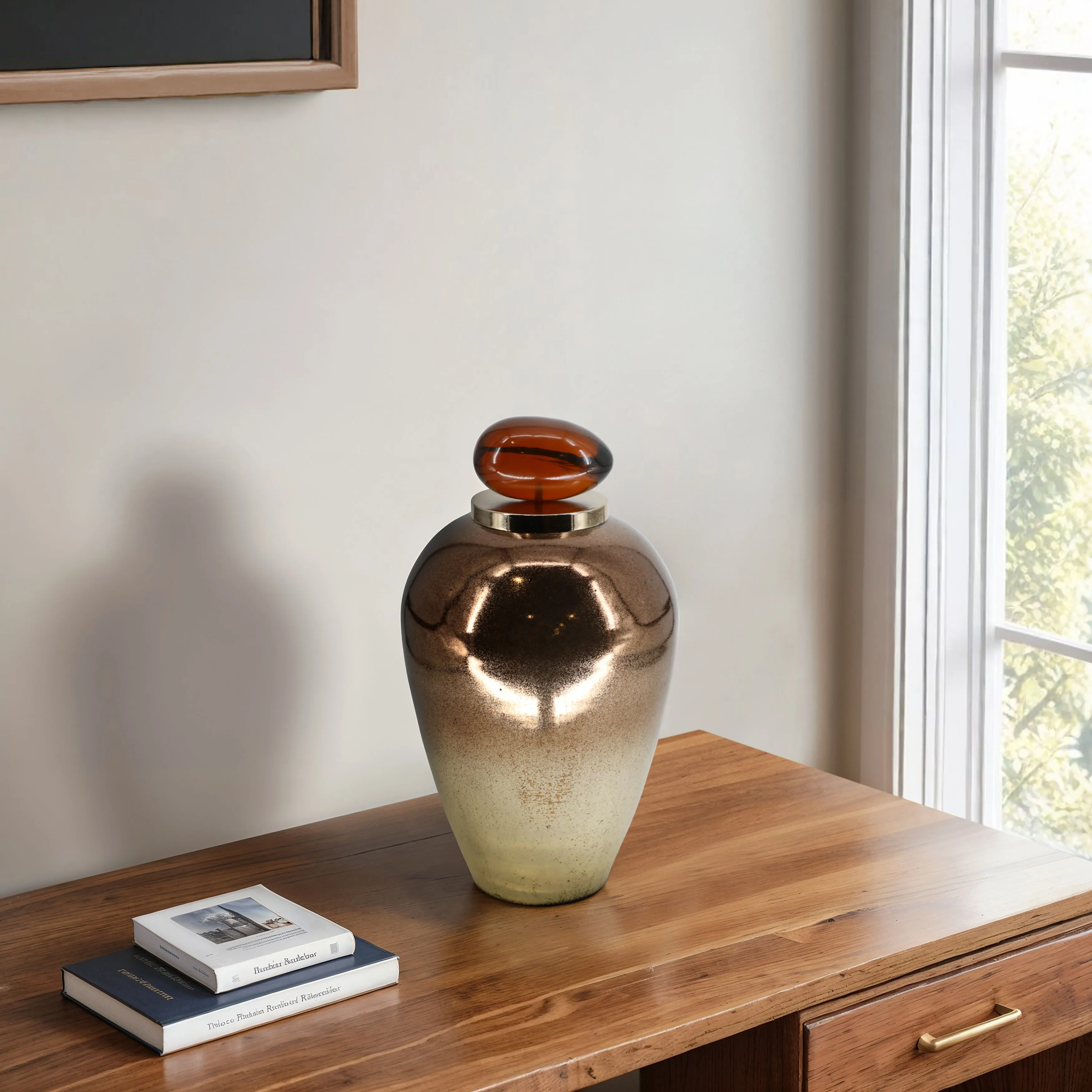 GLASS, 17" TEMPLE VASE W/ RESIN TOPPER, COPPER