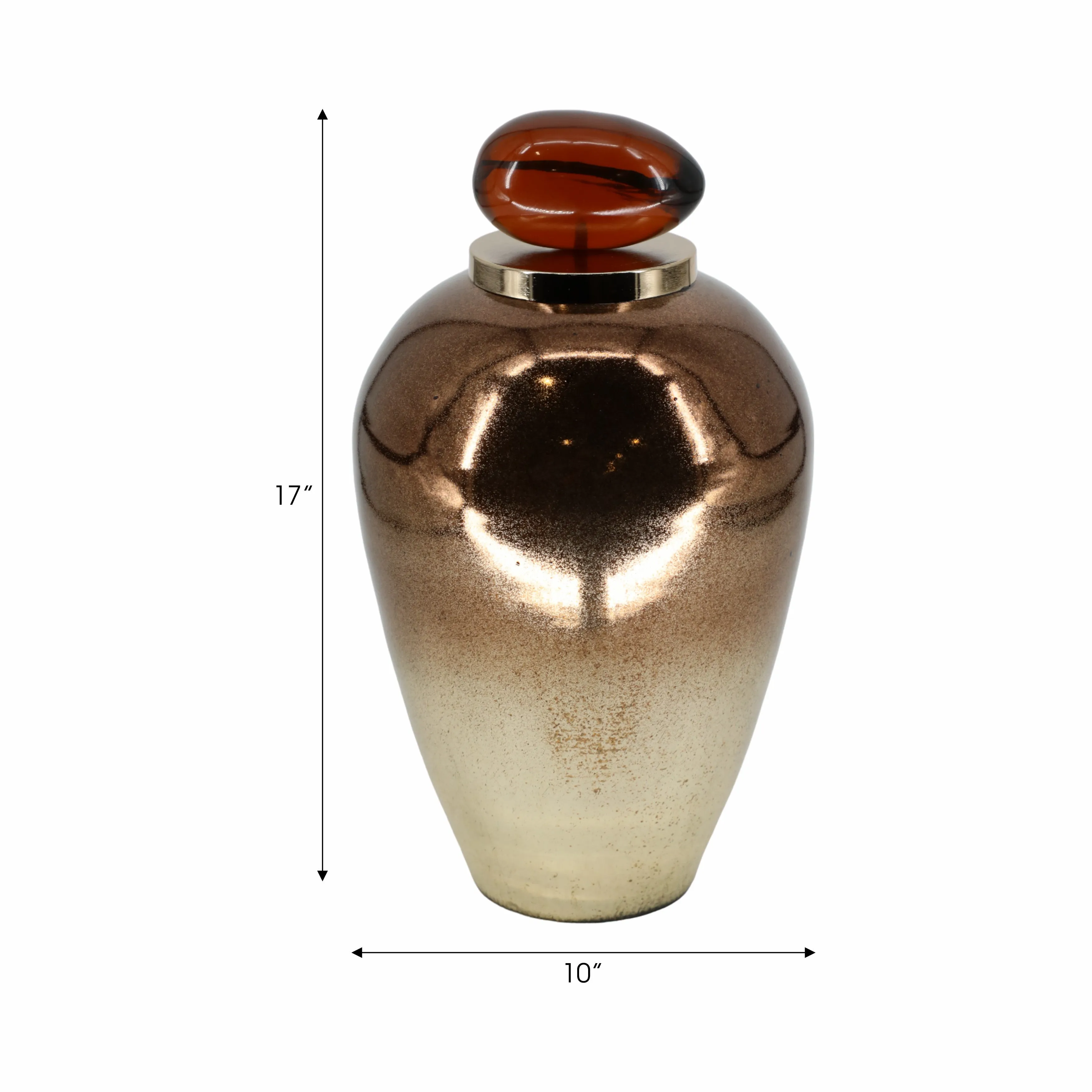 GLASS, 17" TEMPLE VASE W/ RESIN TOPPER, COPPER