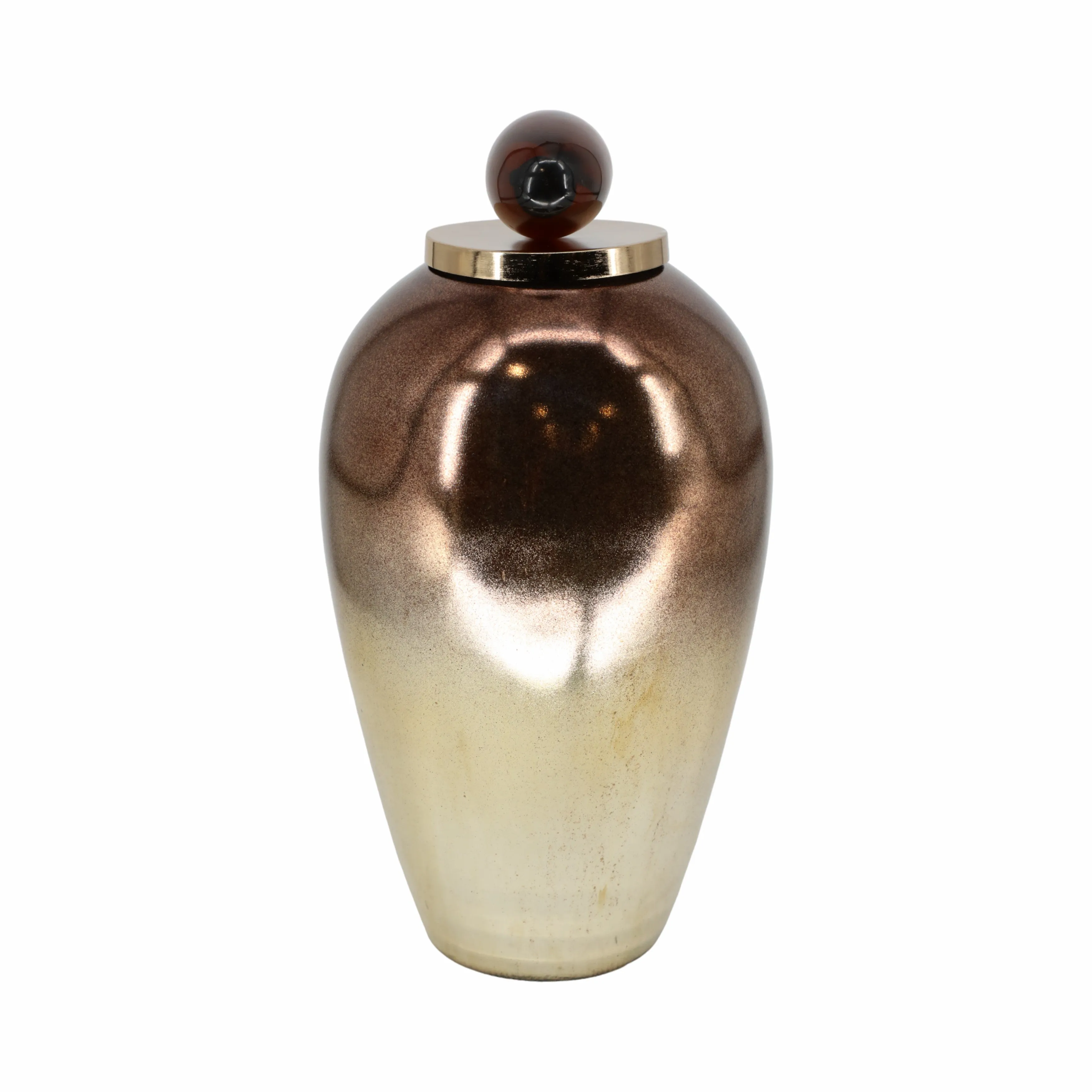 GLASS, 20" TEMPLE VASE W/ RESIN TOPPER, COPPER