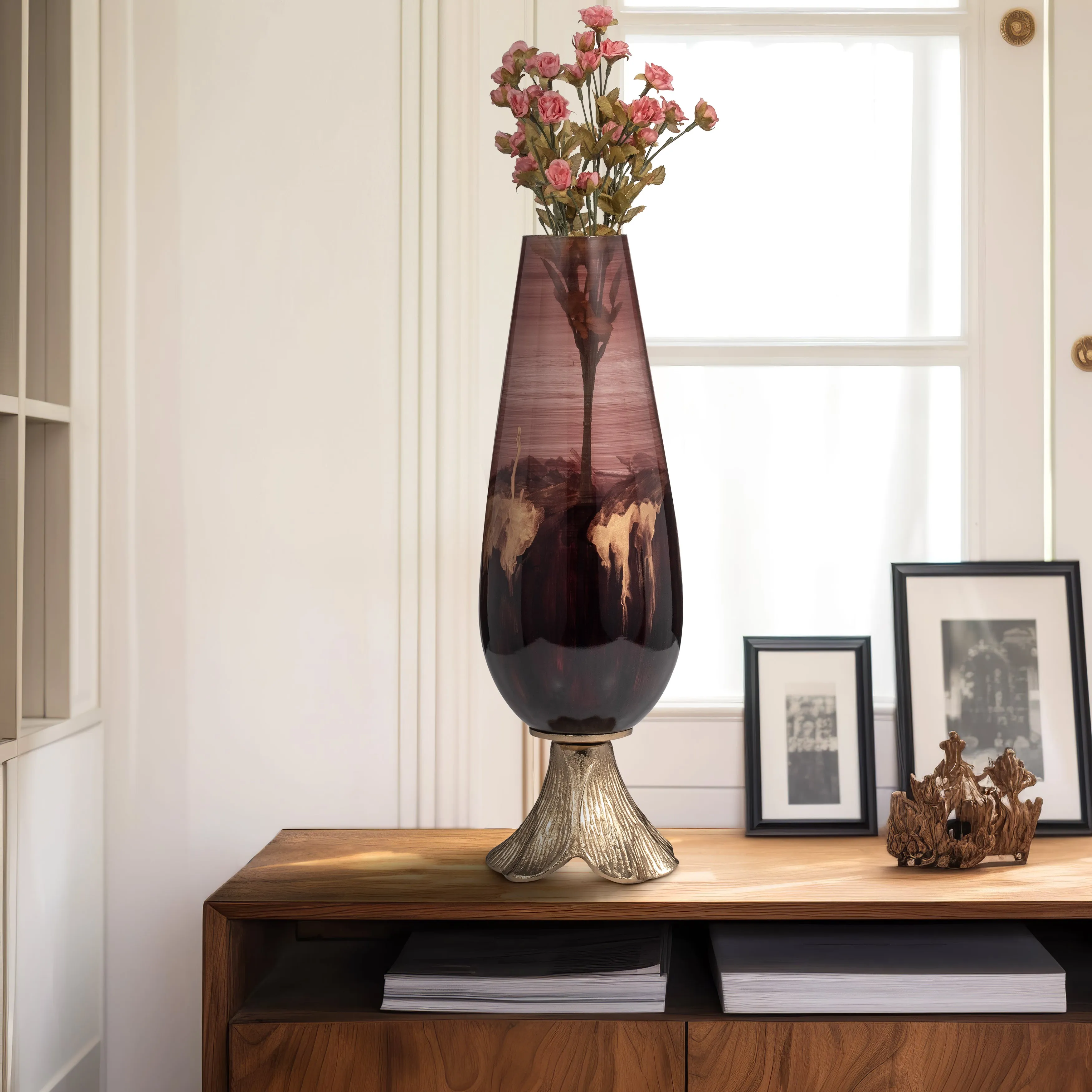 GLASS, 20" VASE W/ LEAF BASE, BRONZE