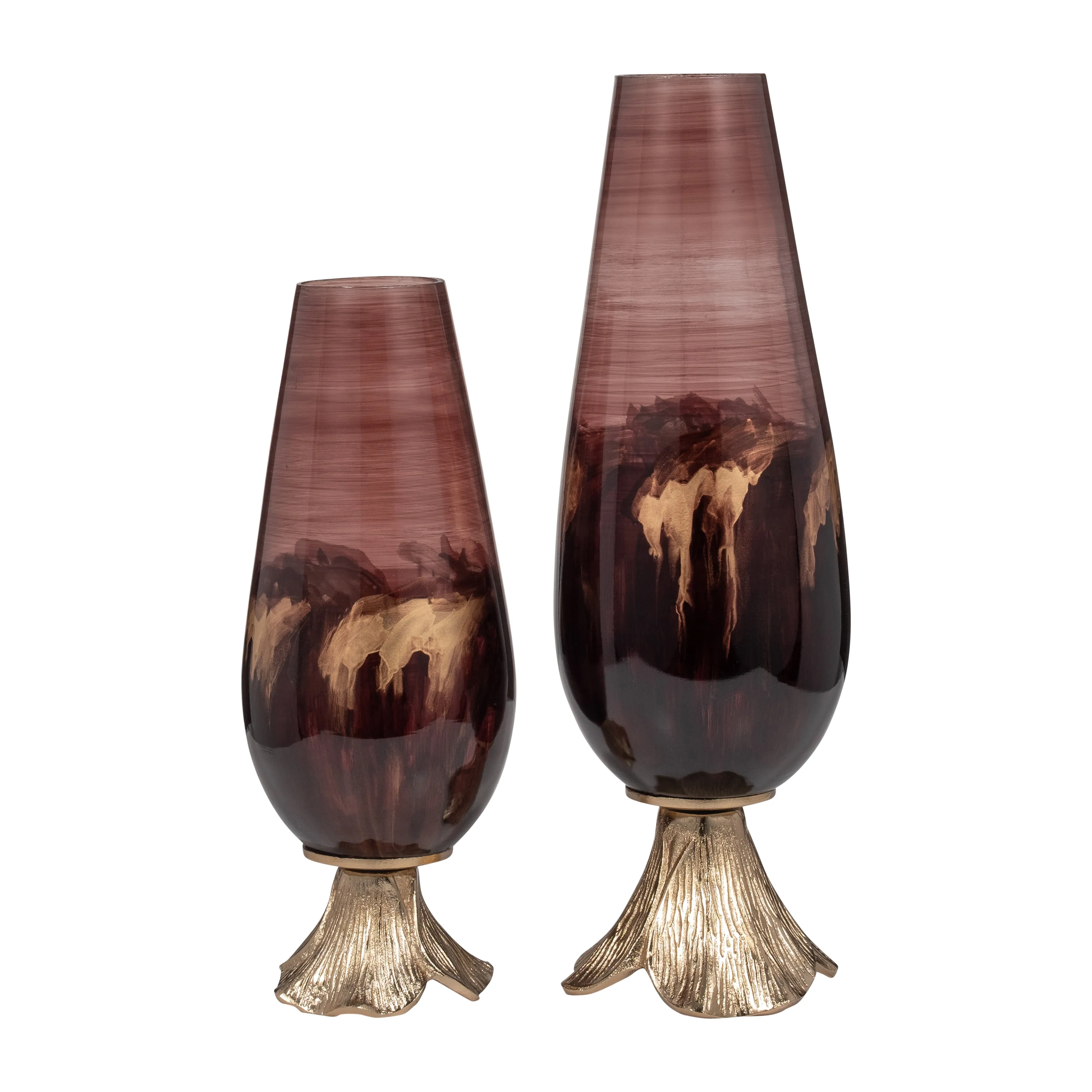 GLASS, 20" VASE W/ LEAF BASE, BRONZE