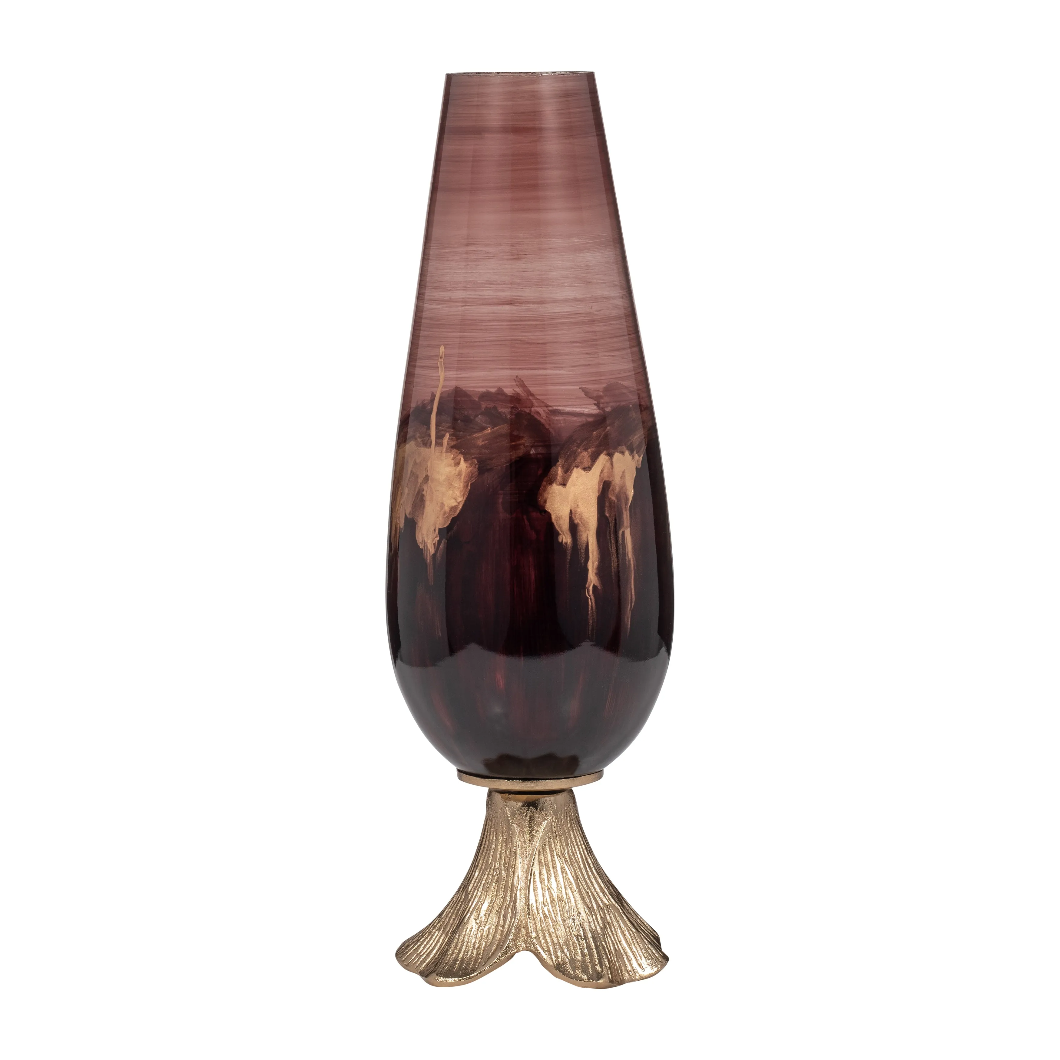 GLASS, 20" VASE W/ LEAF BASE, BRONZE