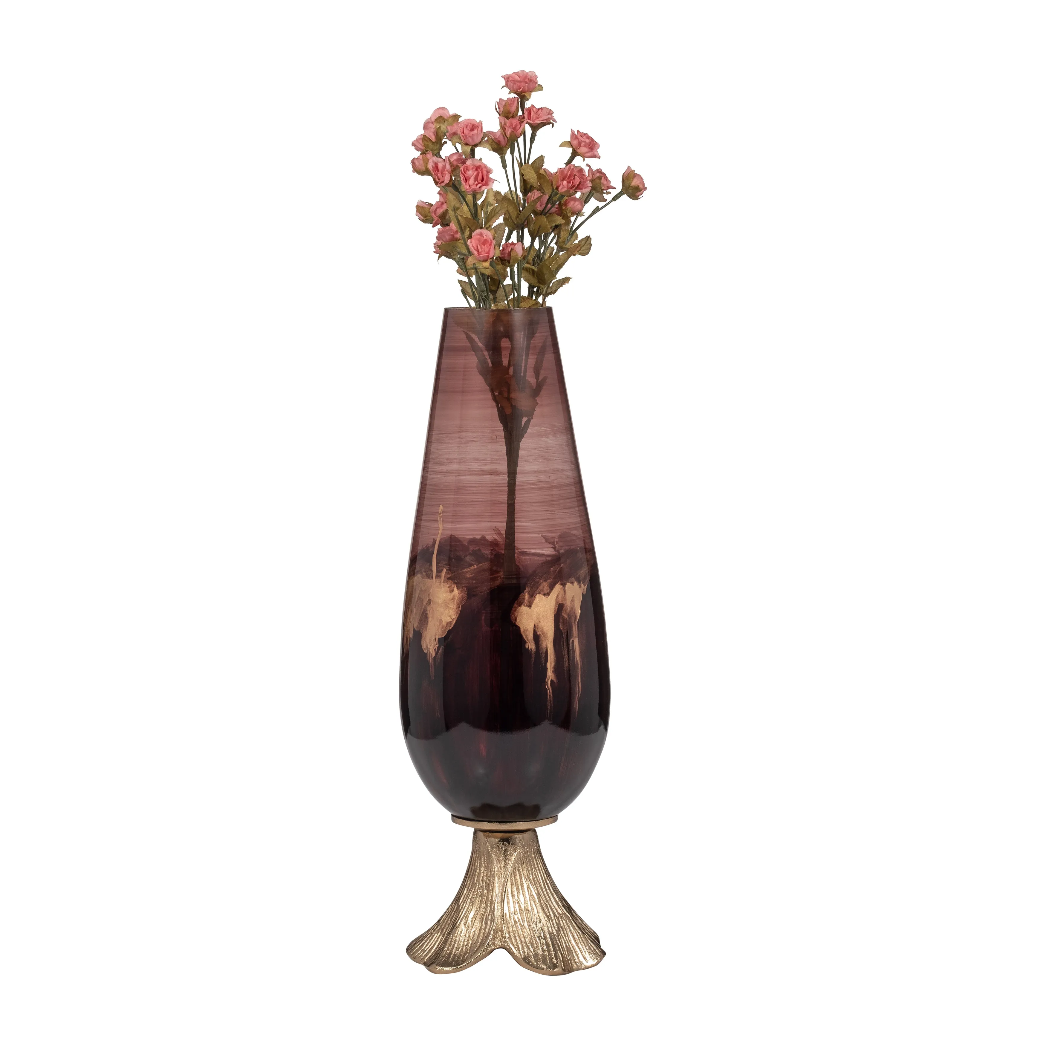 GLASS, 20" VASE W/ LEAF BASE, BRONZE