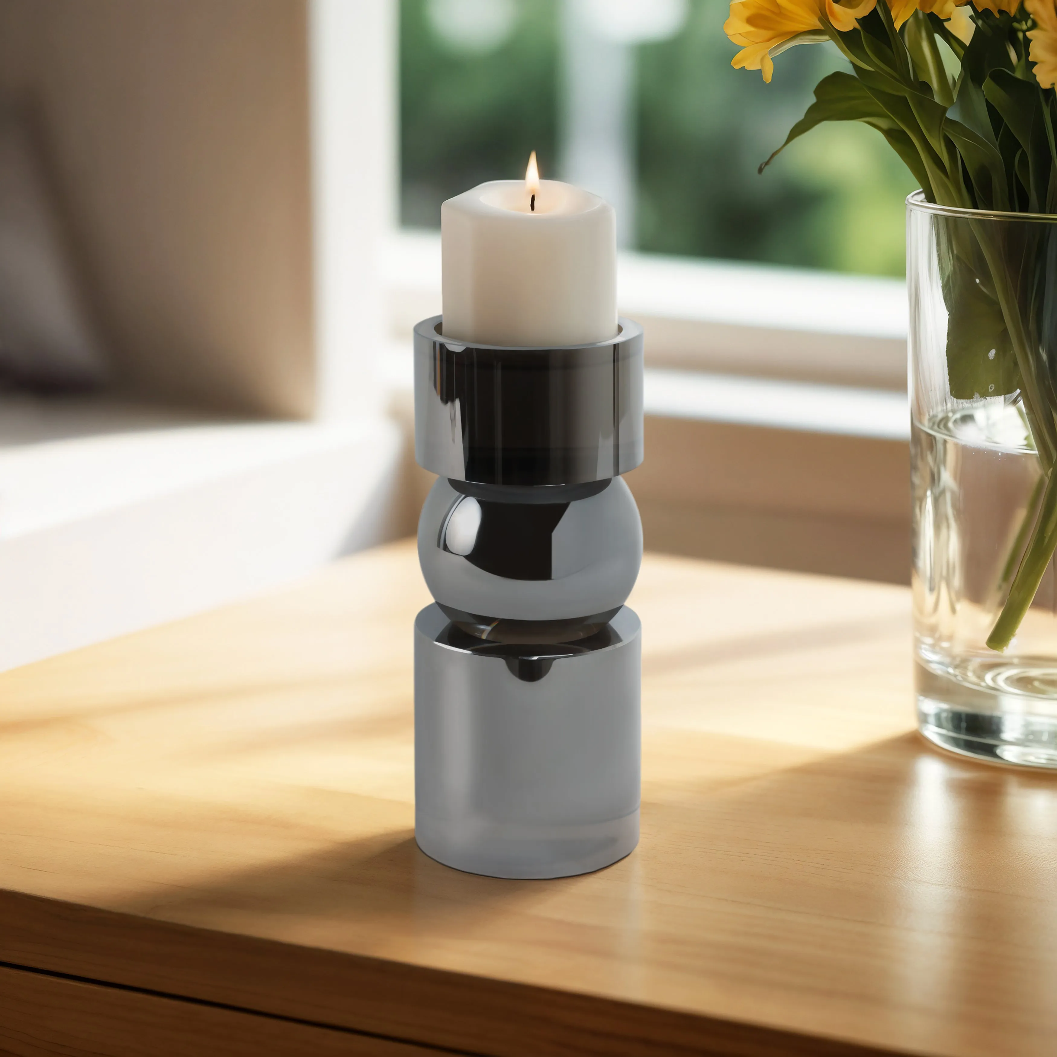 GLASS 6"H PILLAR CANDLE HOLDER, SMOKE