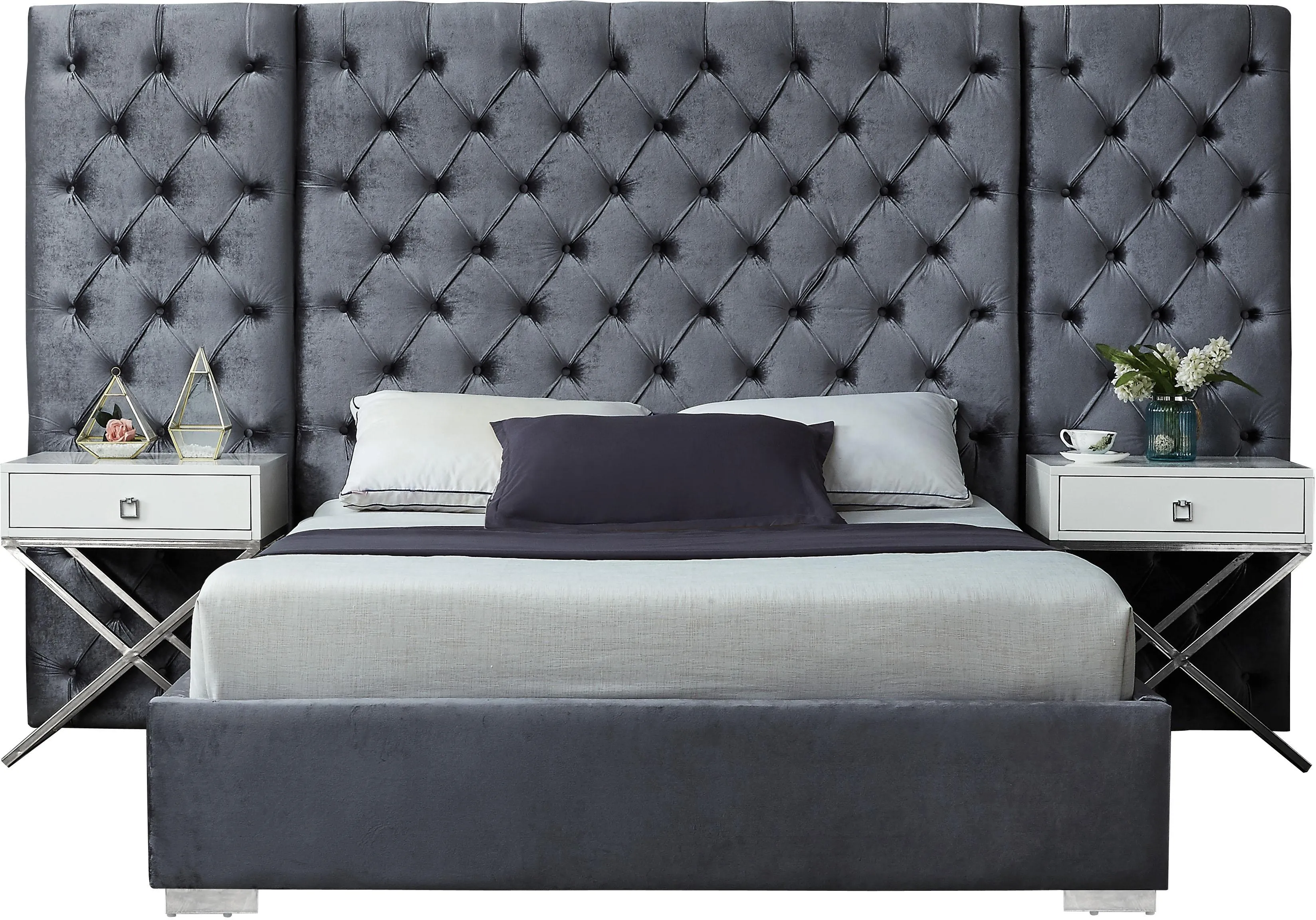 Grande Grey Velvet King Bed (3 Boxes)