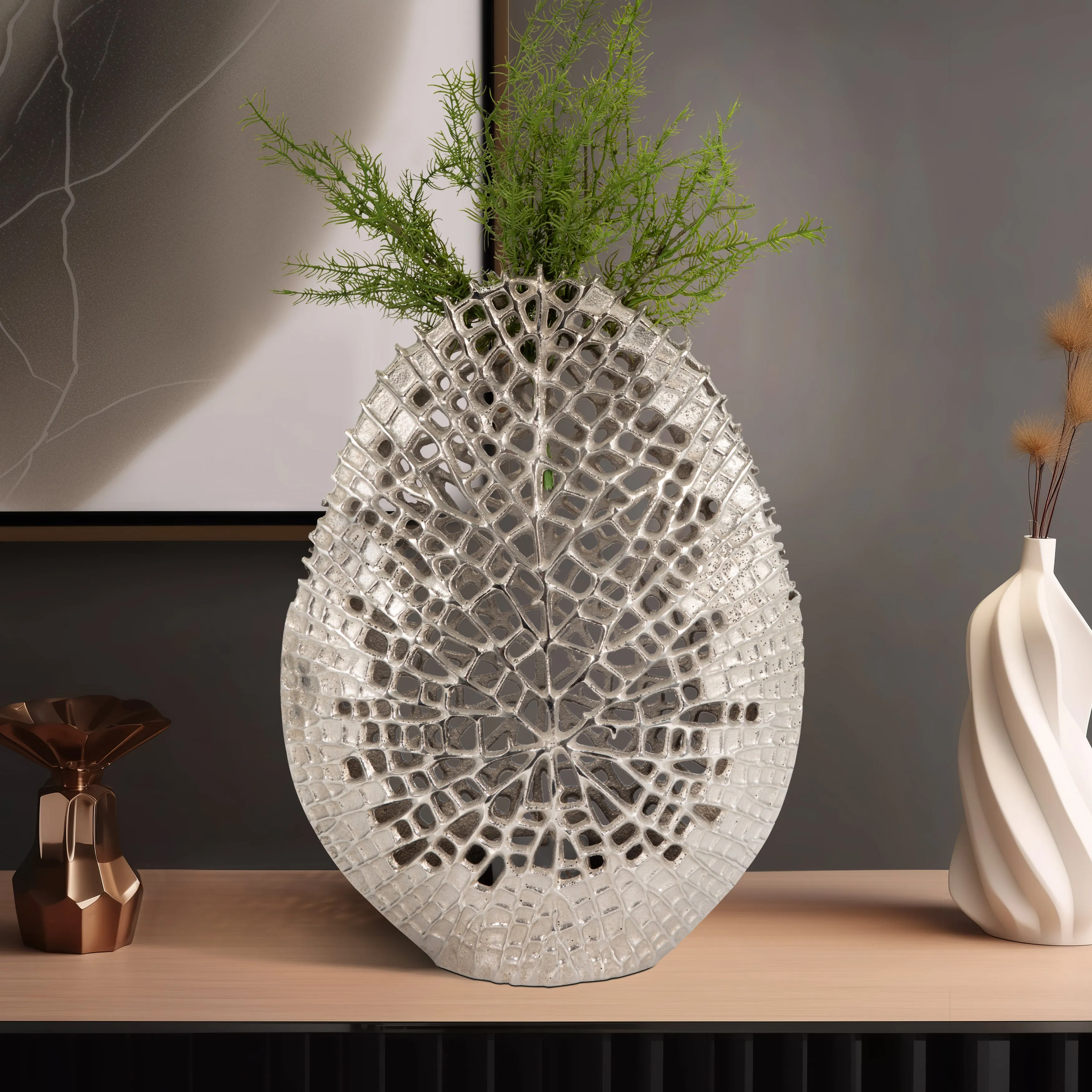 METAL, 18" CONTEMPORARY VASE, SILVER