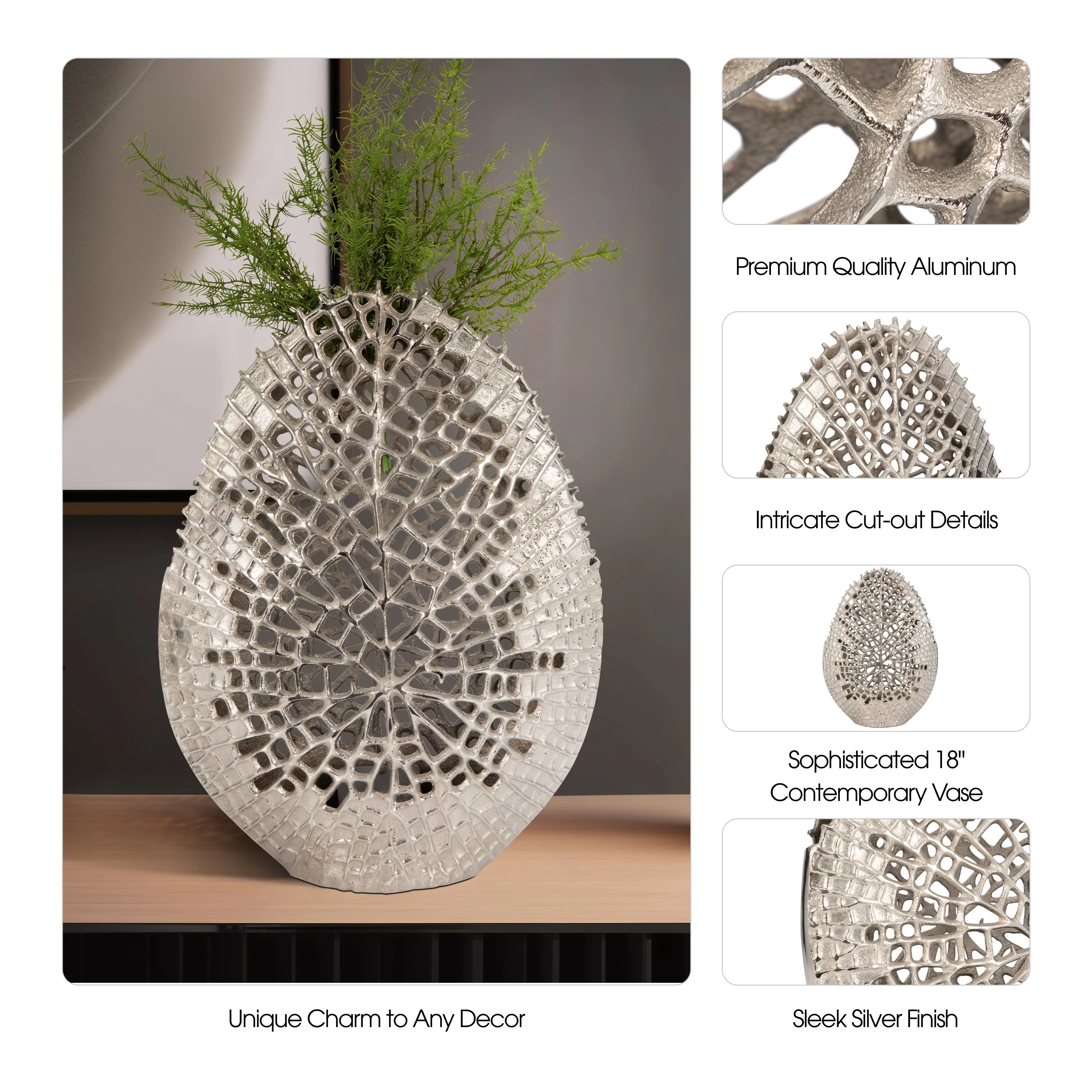 METAL, 18" CONTEMPORARY VASE, SILVER