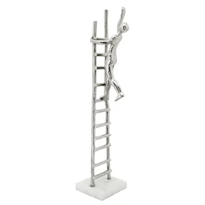 Metal Man Climbing Ladder, Marble Base, Silver