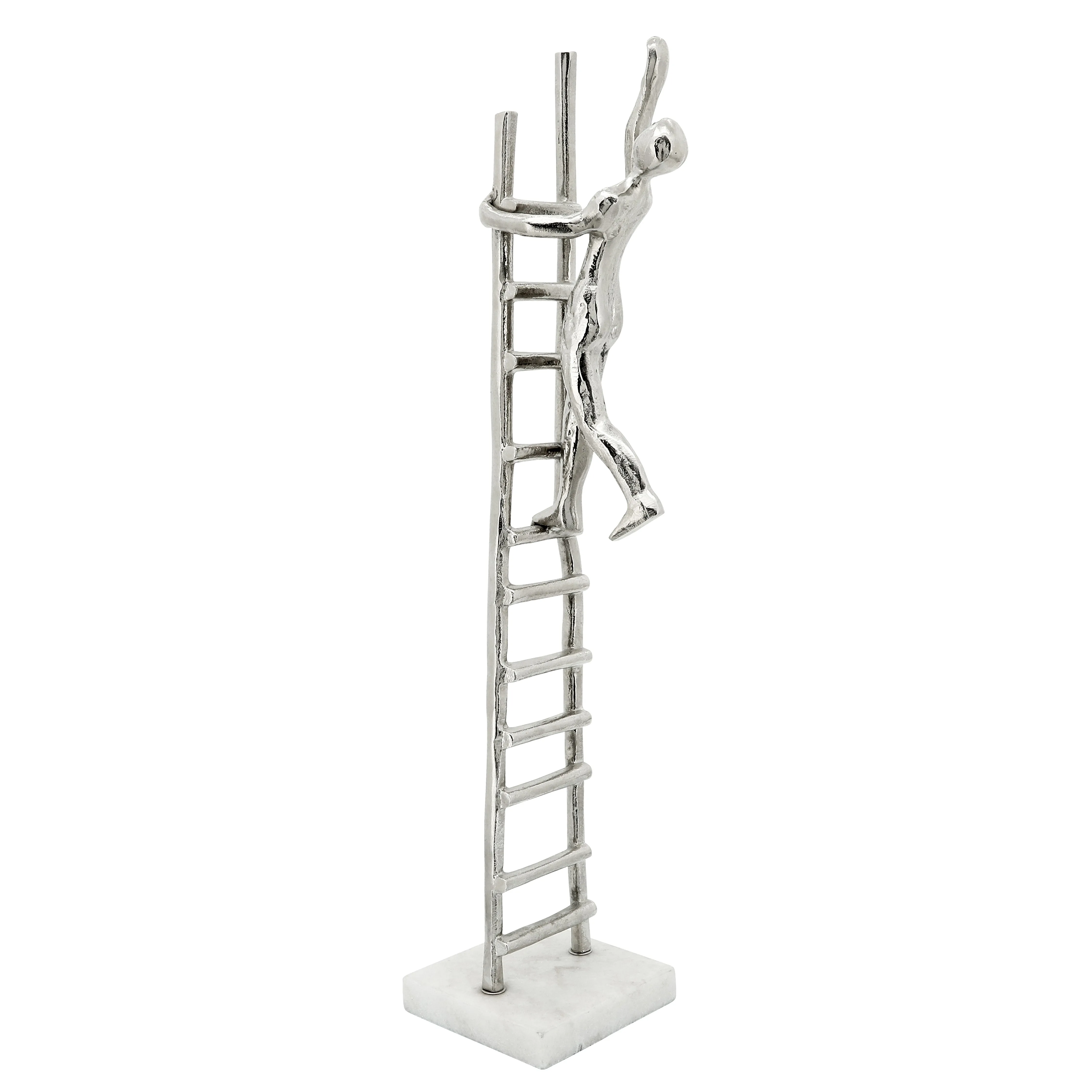 Metal Man Climbing Ladder, Marble Base, Silver