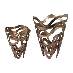 METAL S/2, 10/14" ABSTRACT TORNATO VASE, CHAMPAGNE