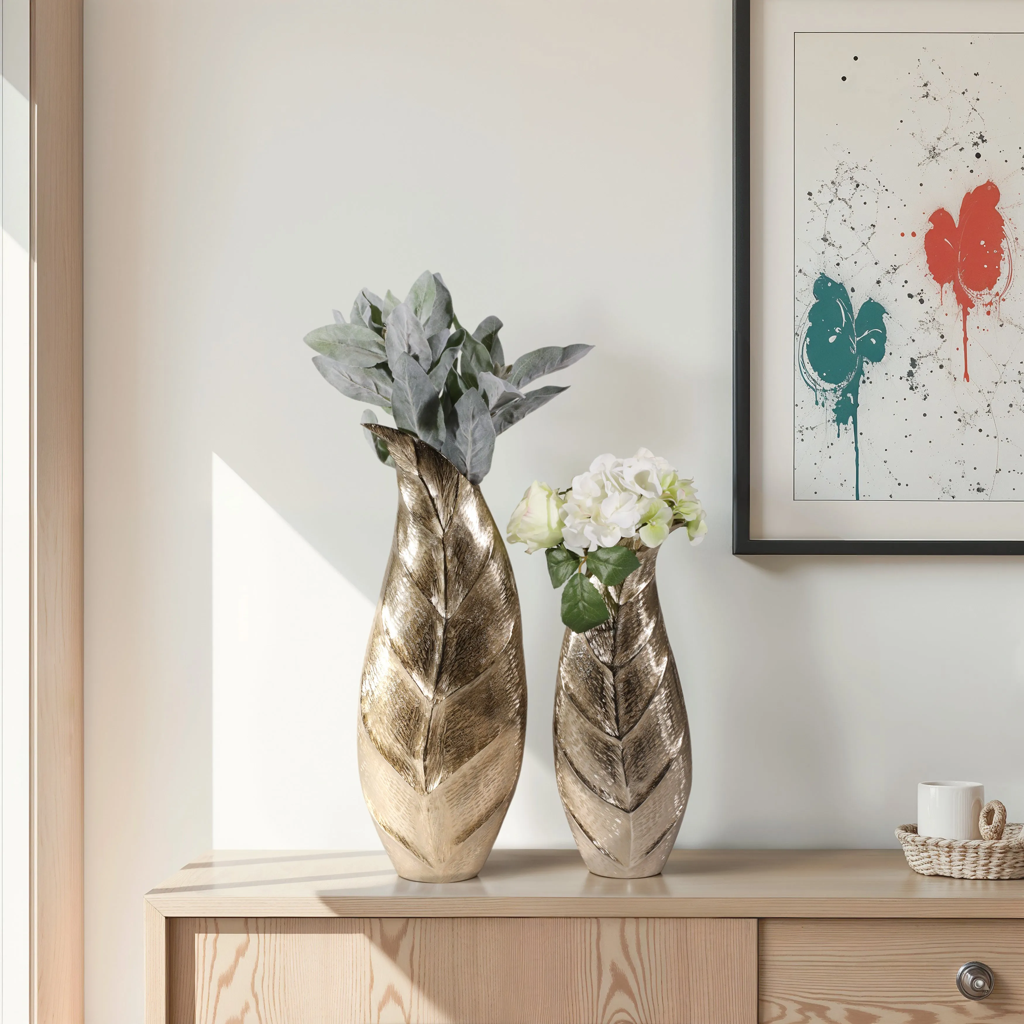Metal, S/2 16/21" Fauna Leaf Vases, Champagne