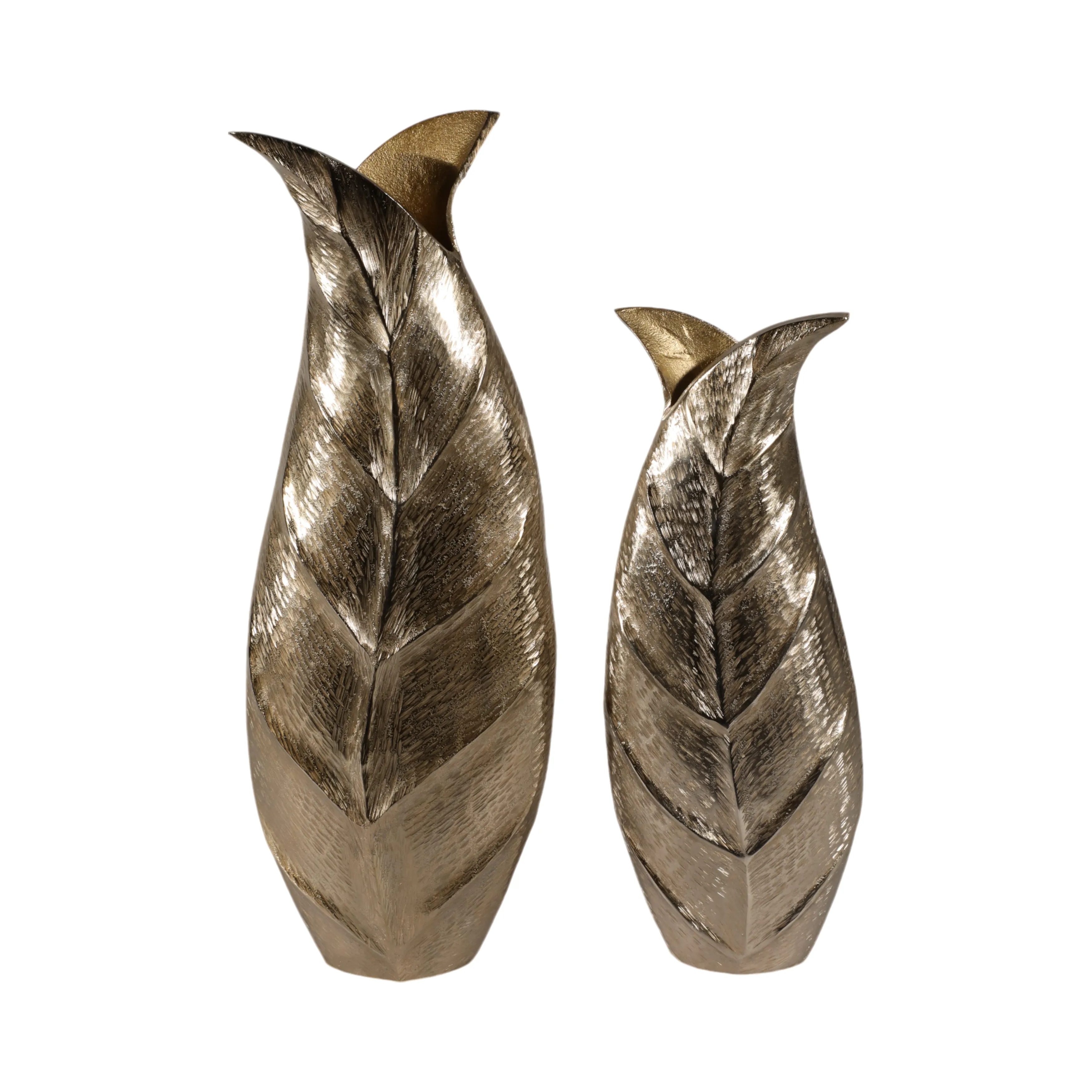 Metal, S/2 16/21" Fauna Leaf Vases, Champagne
