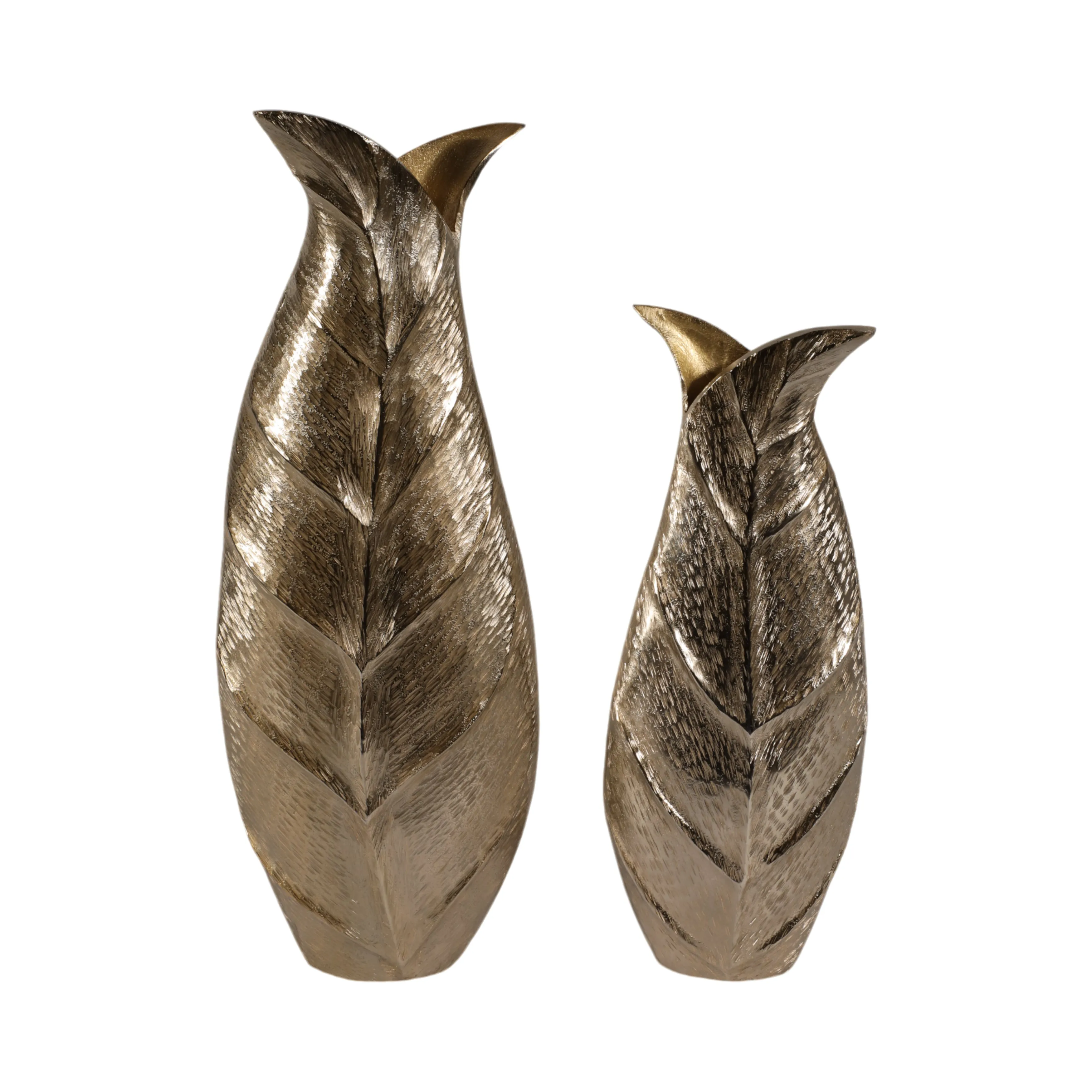 Metal, S/2 16/21" Fauna Leaf Vases, Champagne
