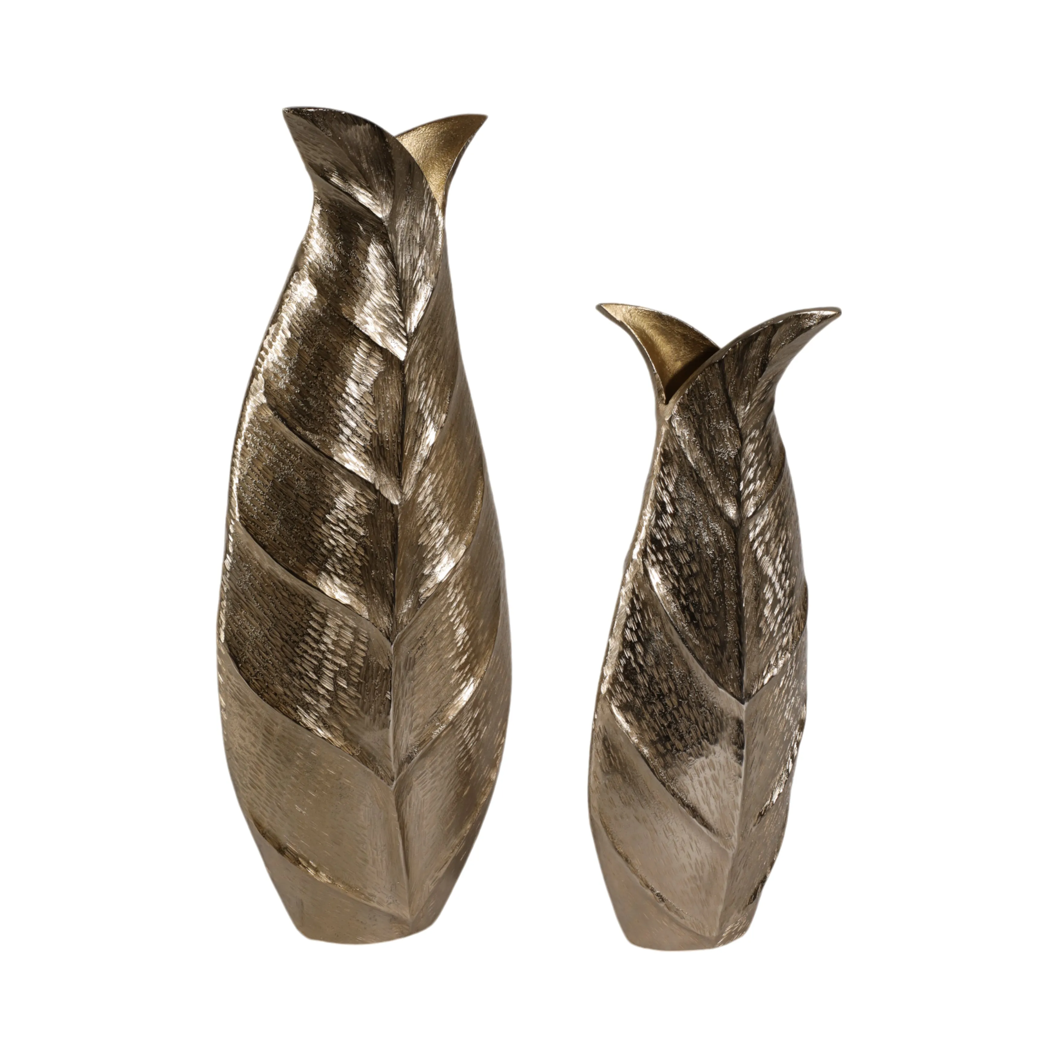 Metal, S/2 16/21" Fauna Leaf Vases, Champagne