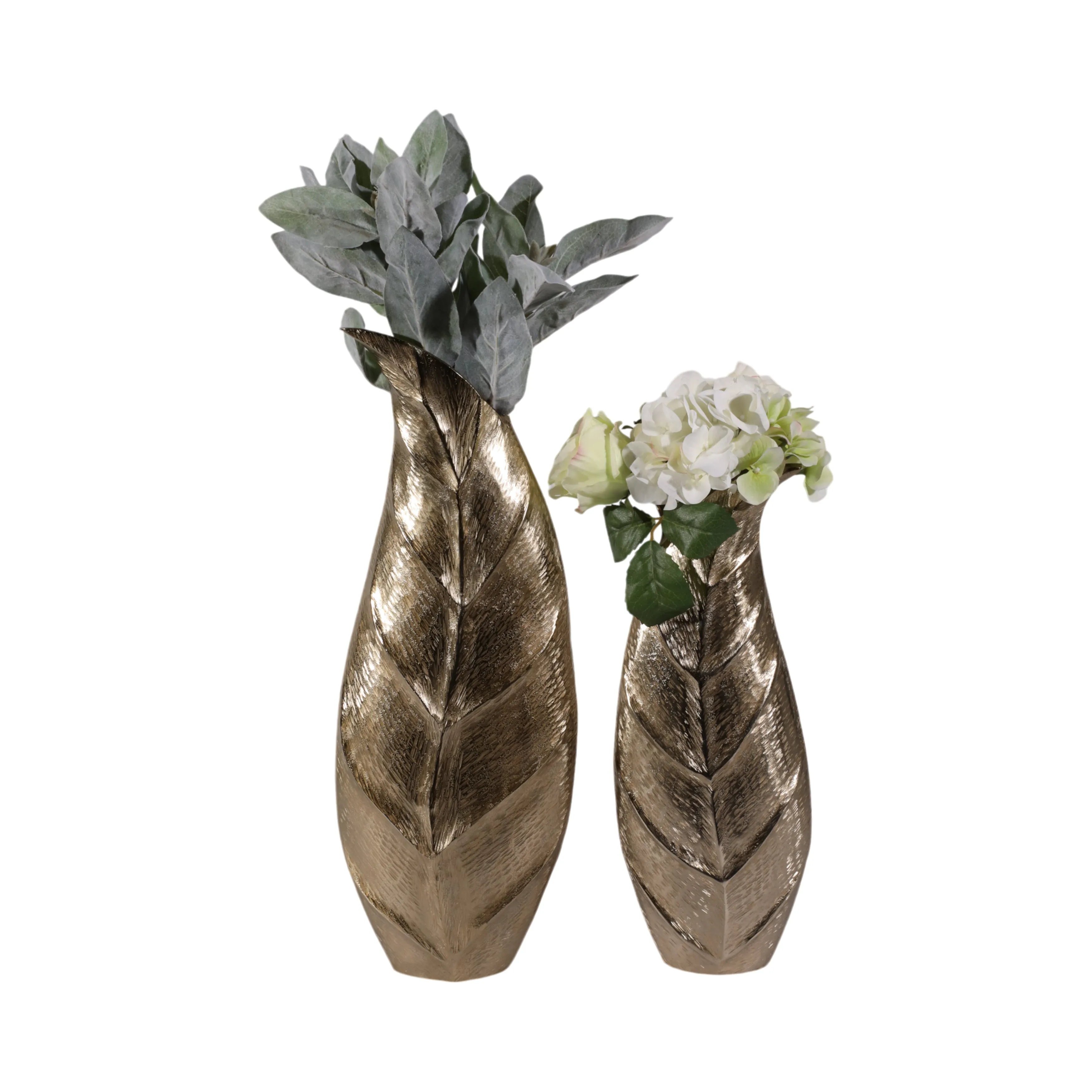 Metal, S/2 16/21" Fauna Leaf Vases, Champagne