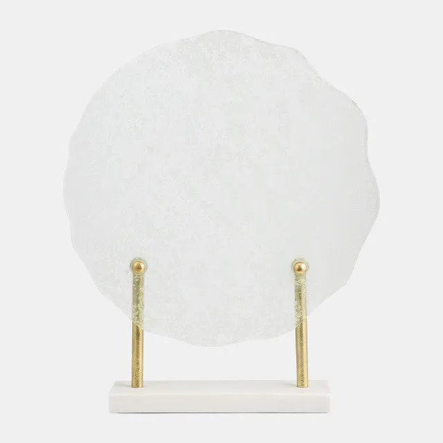 METAL,21"H,SPECKLED GLASS DISC ON MARBLE STAND,WHI