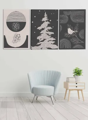 Pine Bird And Flowers Abstract Paintings(set of 3)