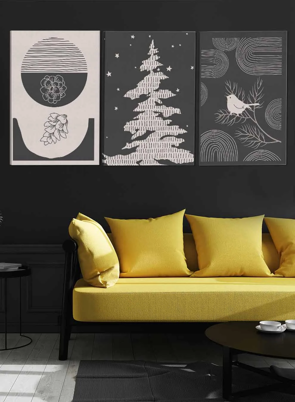 Pine Bird And Flowers Abstract Paintings(set of 3)